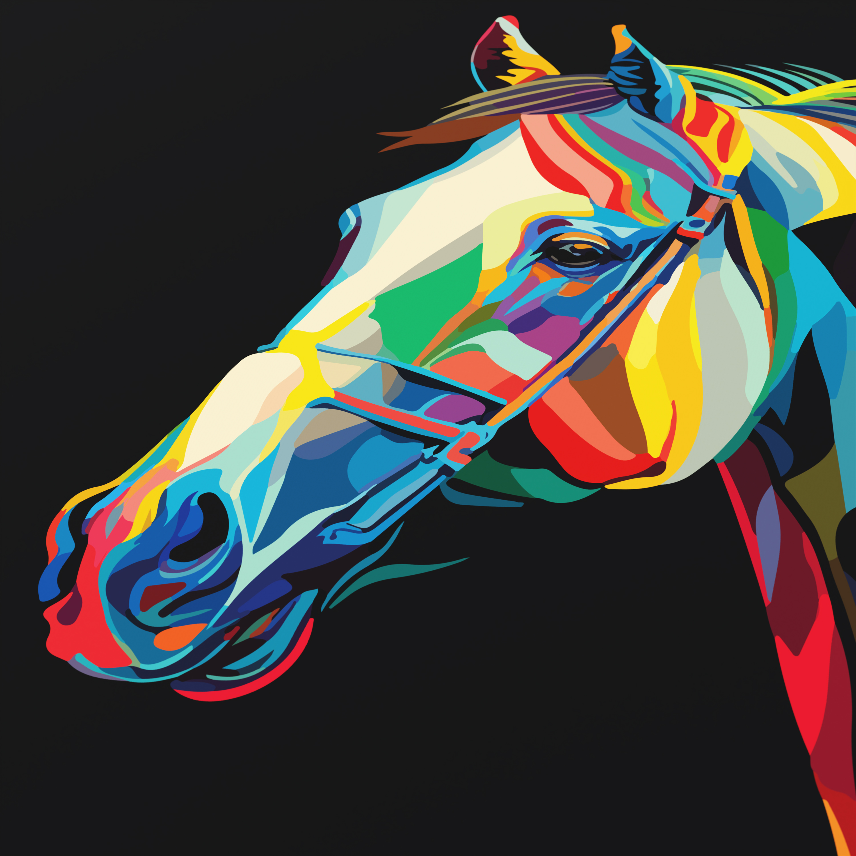 Eine bunte Pop-Art-Illustration eines Pferdekopfes vor einem schwarzen Hintergrund.