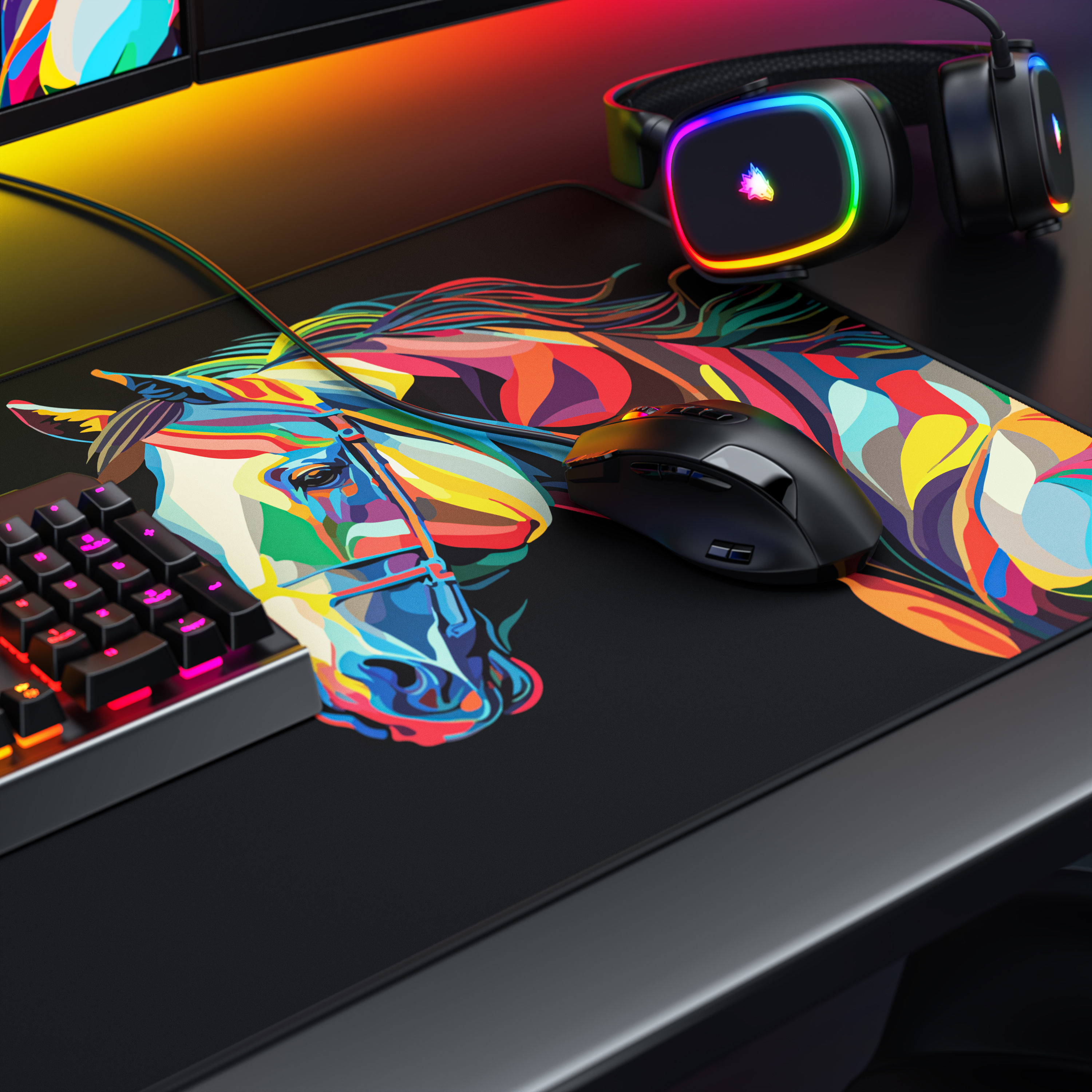 Bunte Gaming-Mausmatte mit Pferdemotiv, schwarze Maus, Tastatur und beleuchtete Kopfhörer auf dem Tisch.