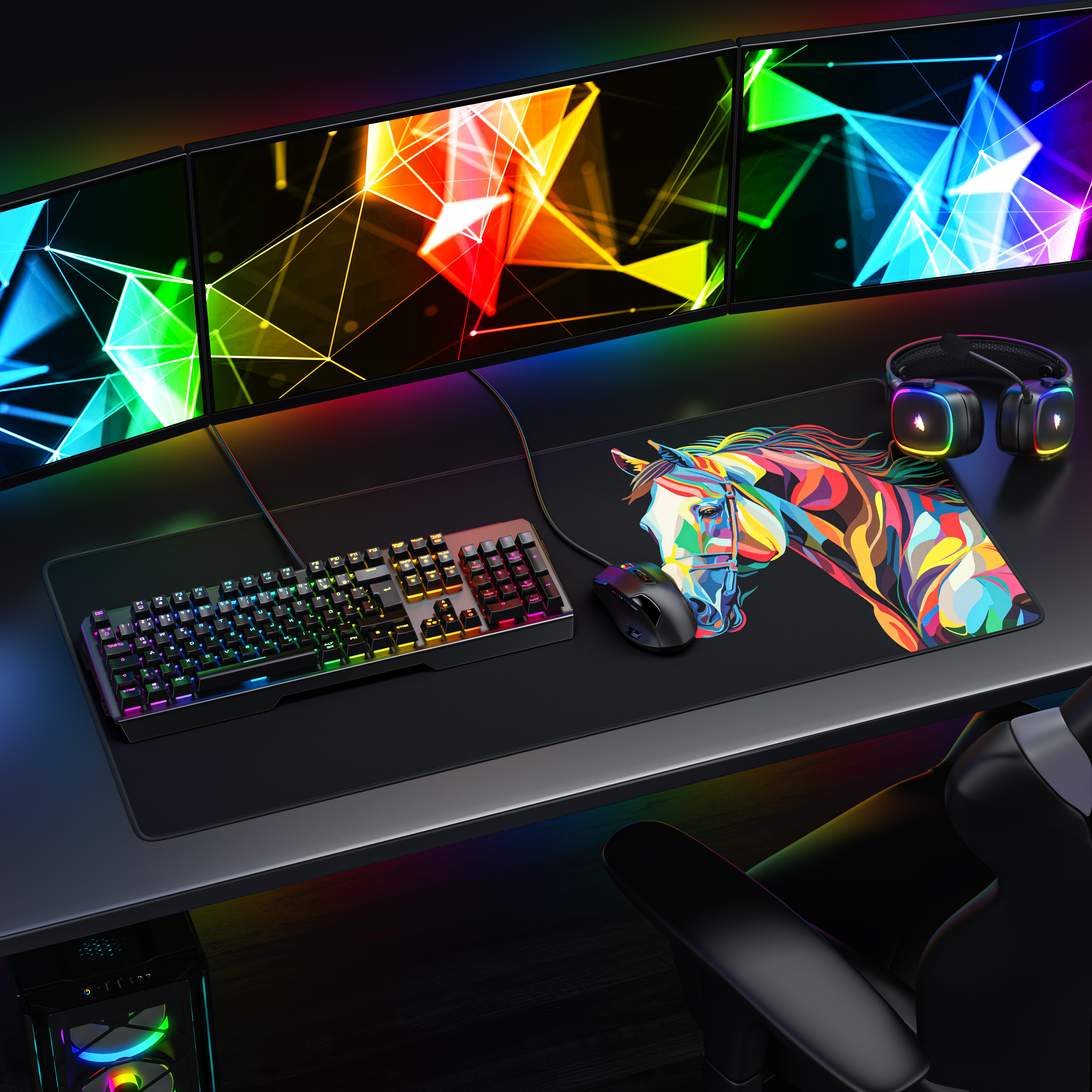 Gaming-Schreibtisch mit drei Monitoren, buntem Keyboard, Mauspad mit Pferdemotiv und Headset.