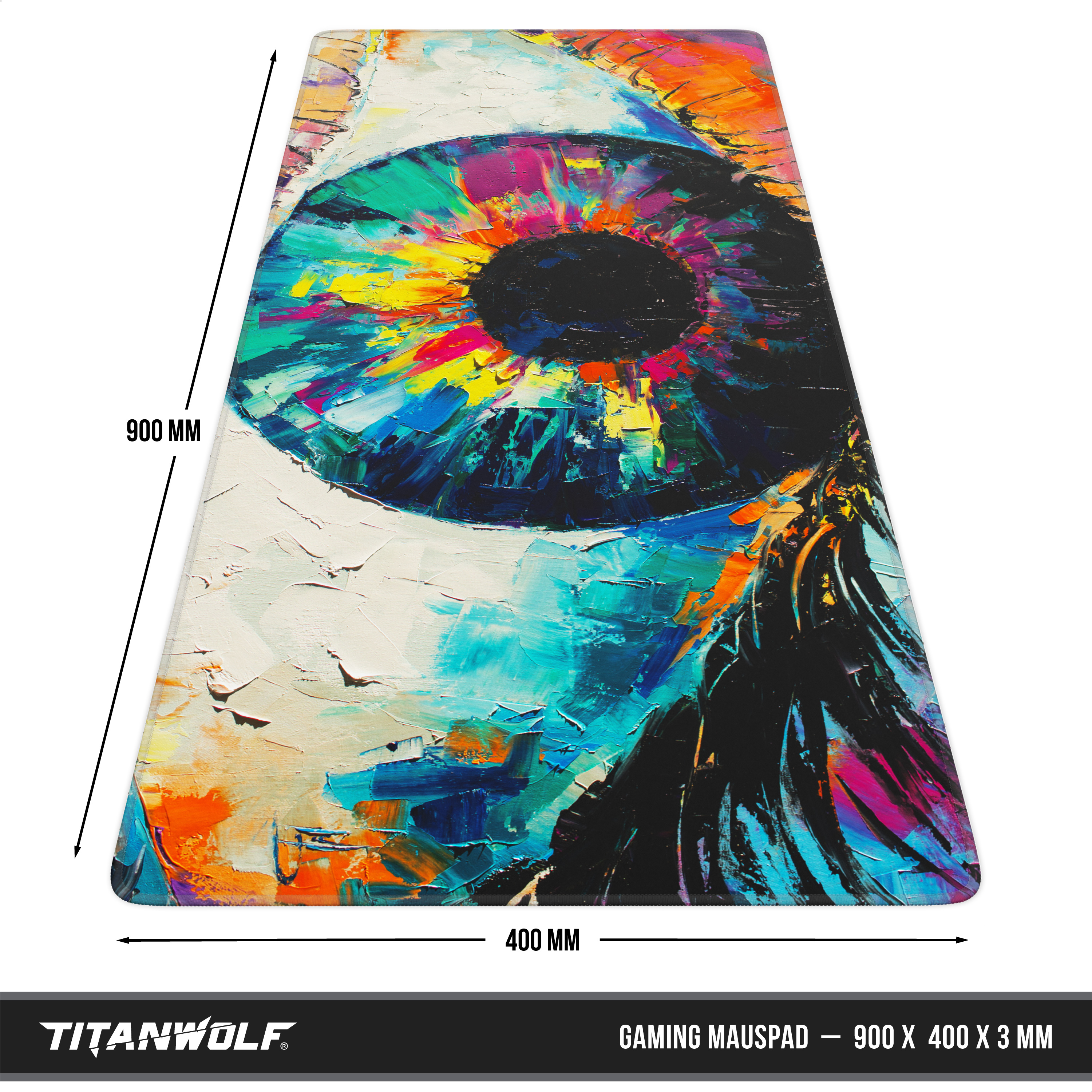 Buntes Titanwolf Gaming-Mauspad mit abstrakter Augen-Grafik und Maßen von 900x400x3 mm.