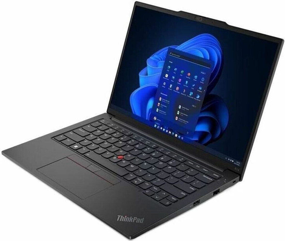 Ein schwarzer Lenovo ThinkPad Laptop mit geöffnetem Bildschirm zeigt ein blaues Hintergrundbild und das Startmenü.