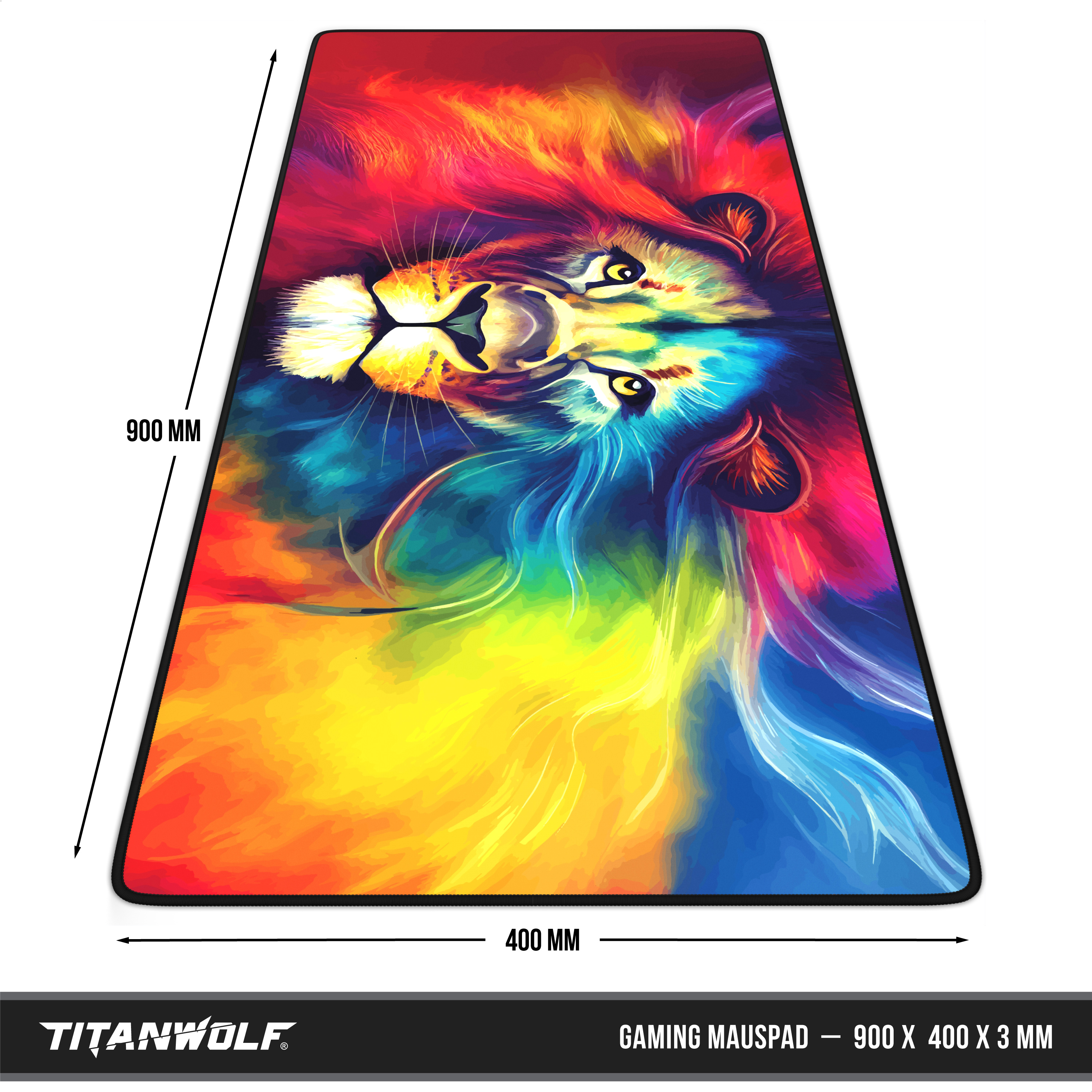 Buntes Titanwolf Gaming-Mauspad mit Löwenmotiv, 900x400 mm.