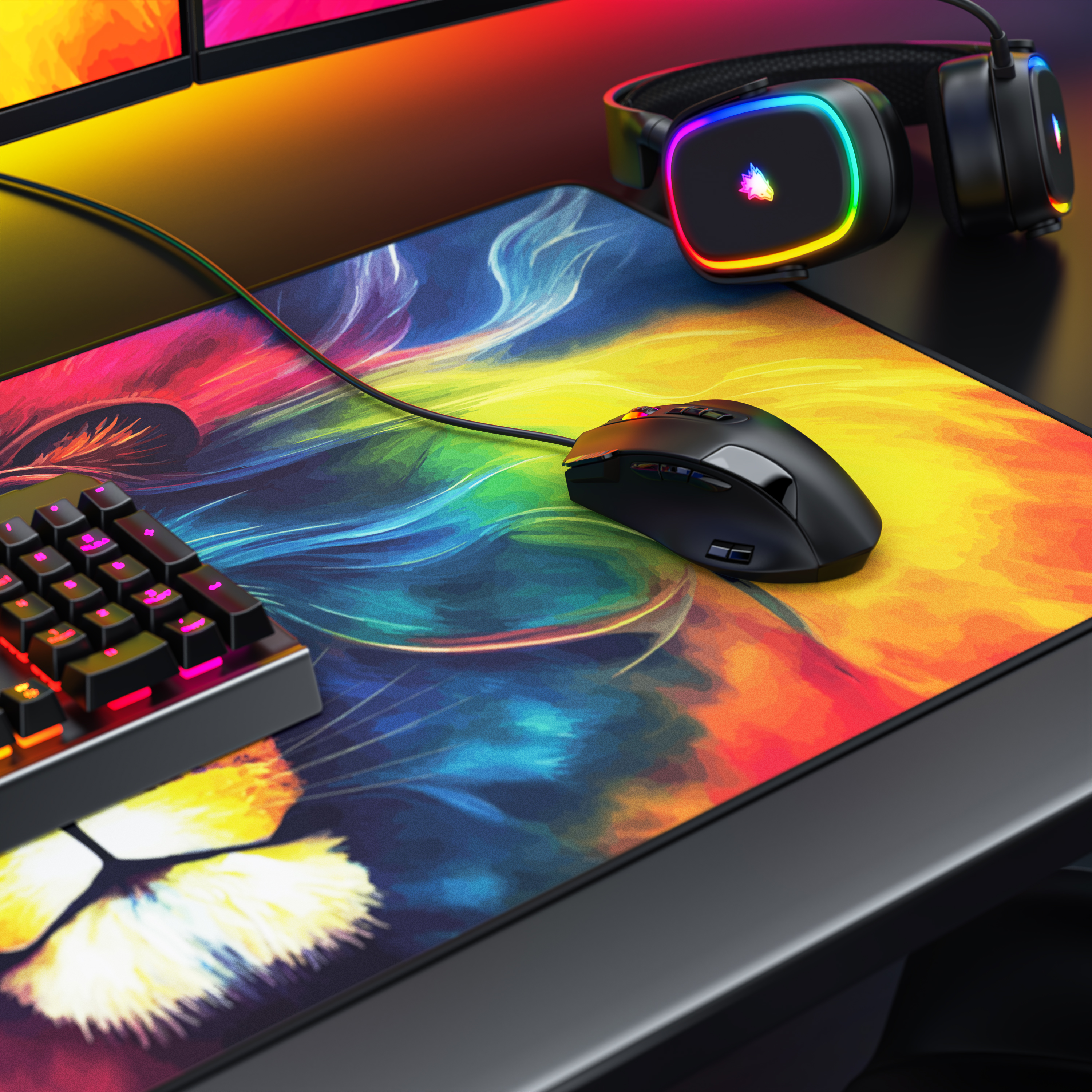 RGB-Gaming-Setup mit buntem Mauspad, schwarzer Maus, Tastaturecke und leuchtenden Kopfhörern.