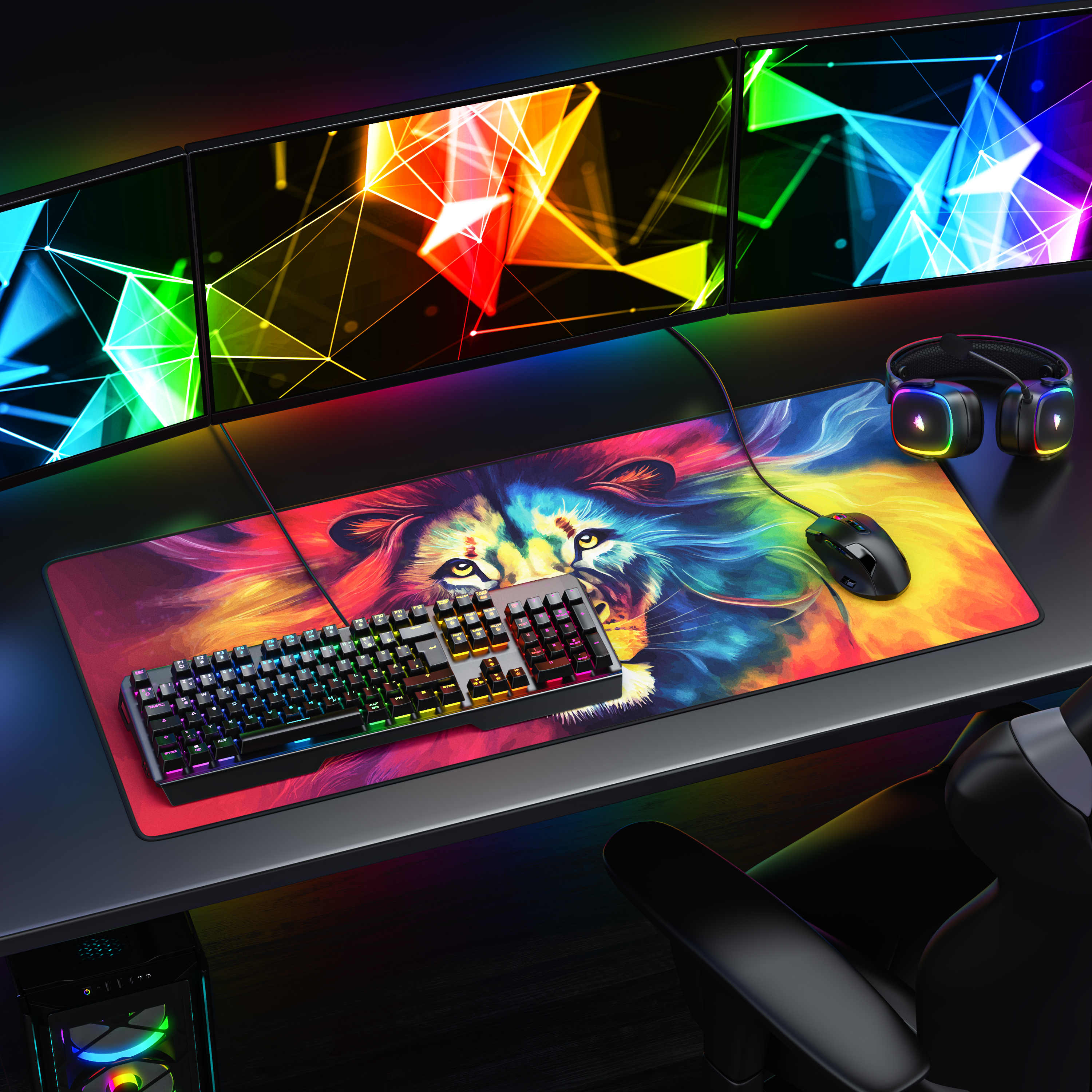 Gaming-Schreibtisch mit drei Monitoren, bunter Löwen-Mausmatte, Tastatur, Maus, Headset und einem Stuhl.