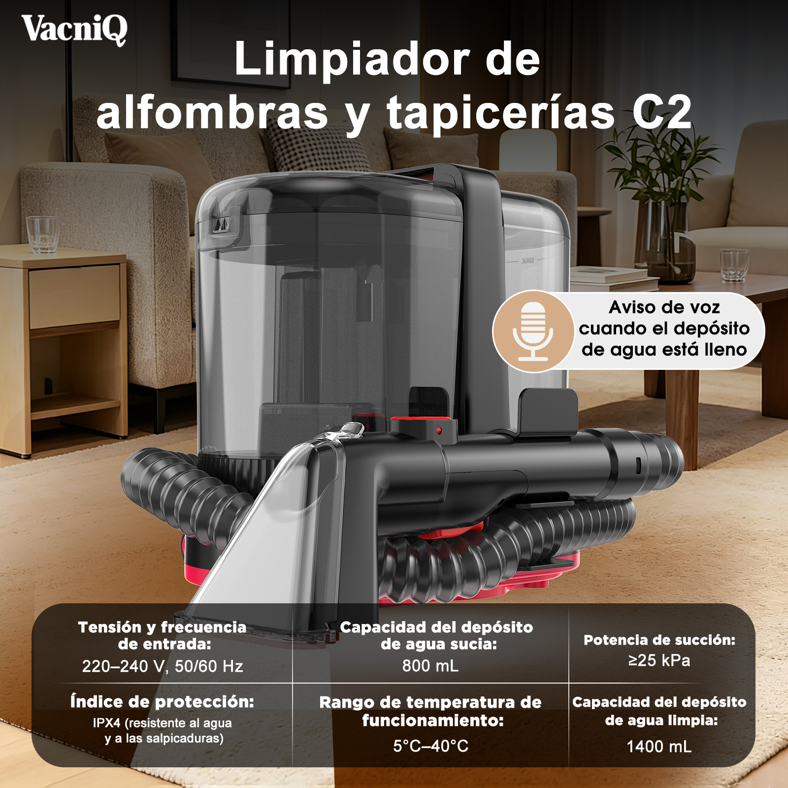 Limpiador de alfombras negro VacniQ C2 con depósito de agua y especificaciones ante un salón.