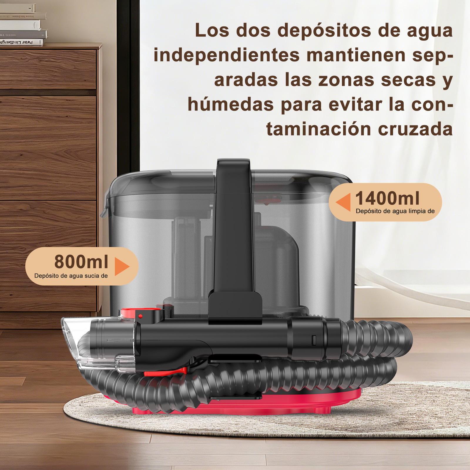 Un dispositivo de limpieza portátil con dos depósitos de agua y manguera.