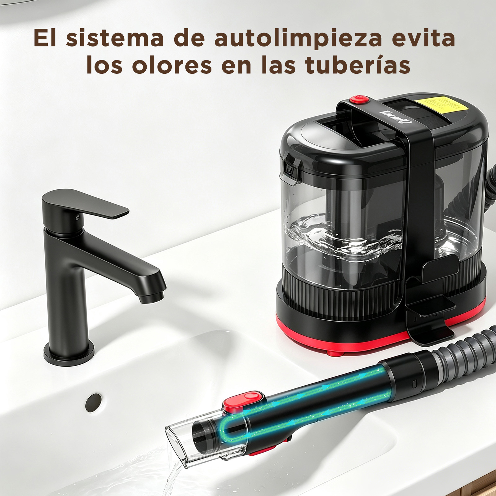 Un dispositivo de limpieza negro y rojo en un lavabo junto a un grifo negro con texto en español.