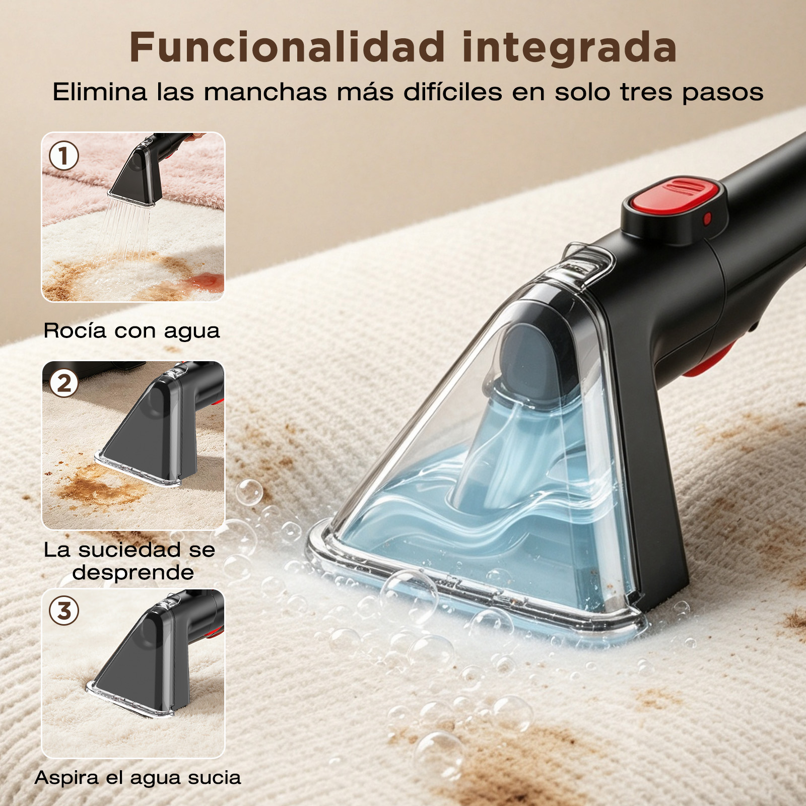 Infografía que muestra un proceso de limpieza de alfombras en tres pasos con un aspirador de mano sobre tela.