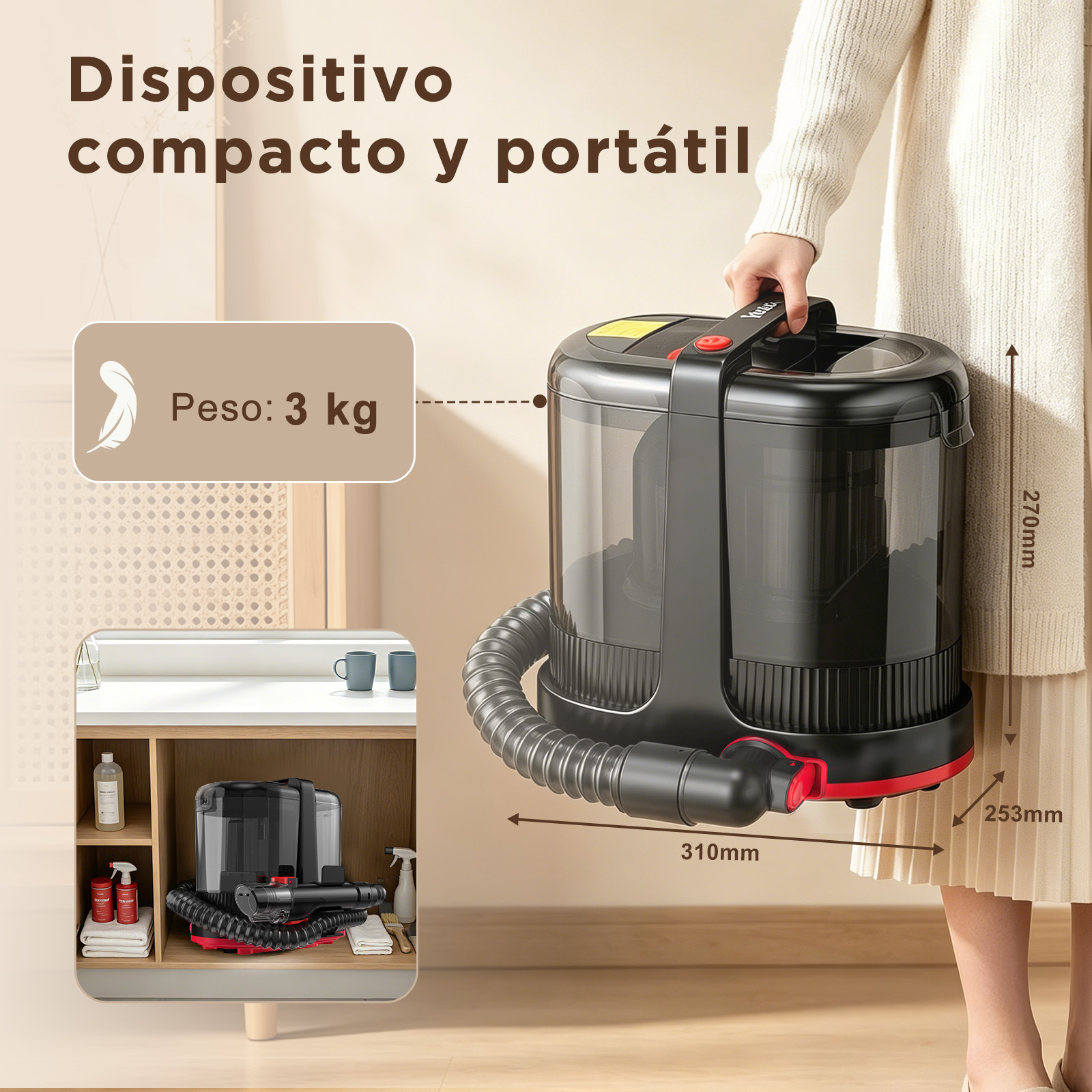 Aspiradora negra compacta y portátil con accesorios y medidas.