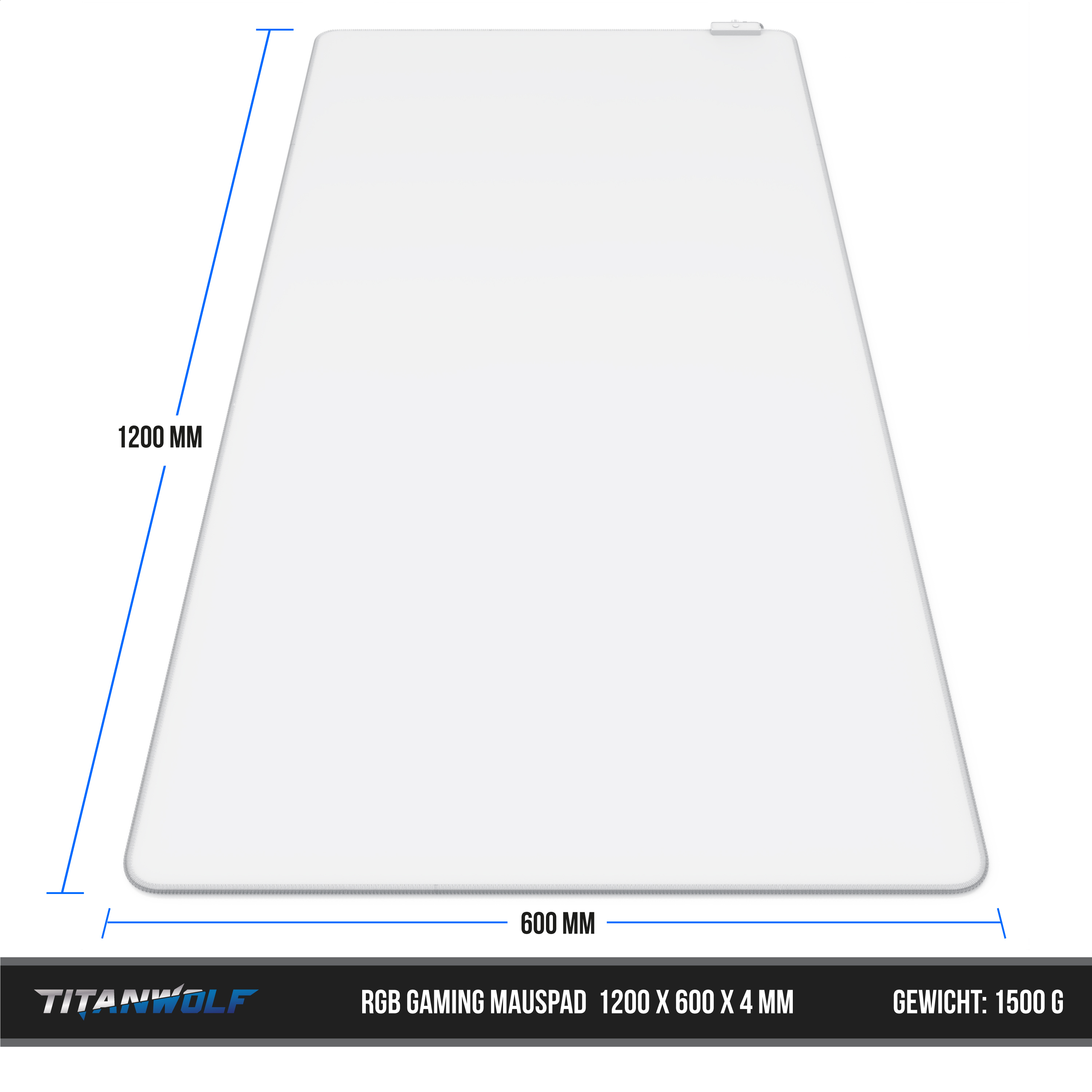 Ein weißes RGB-Gaming-Mauspad mit 1200x600 mm und blauen Maßangaben auf schwarzem Hintergrund.