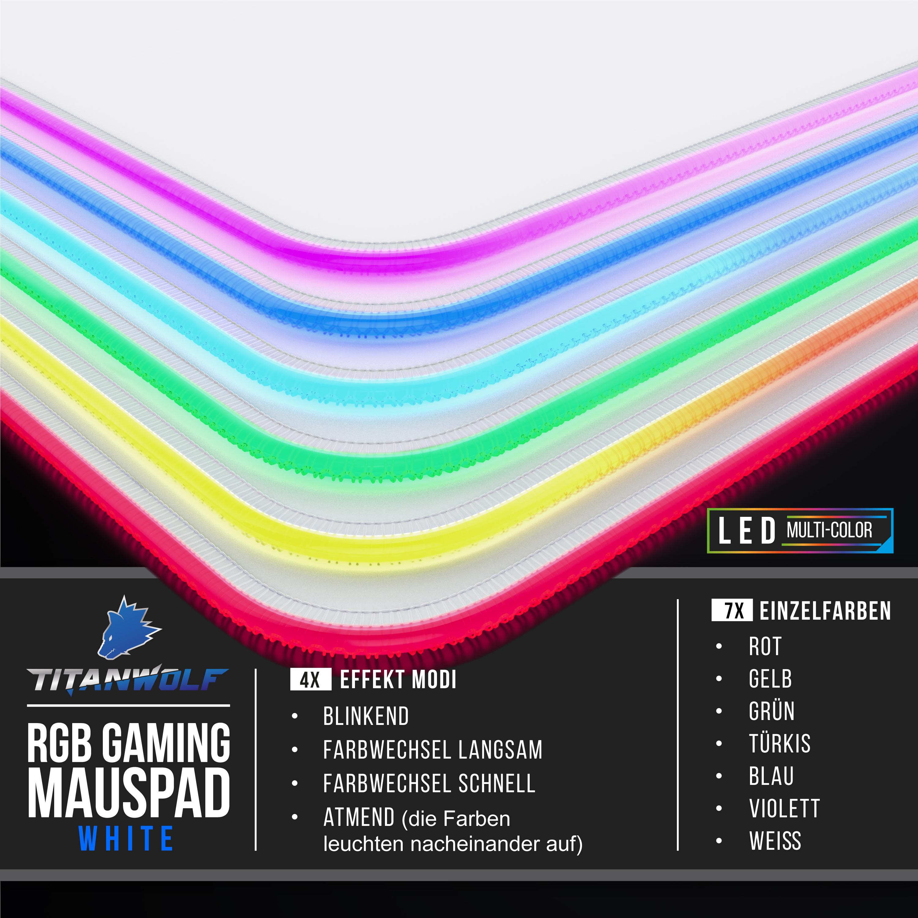 LED-Gaming-Mauspad in Weiß mit mehrfarbigen RGB-Leuchtstreifen und Funktionsübersicht.