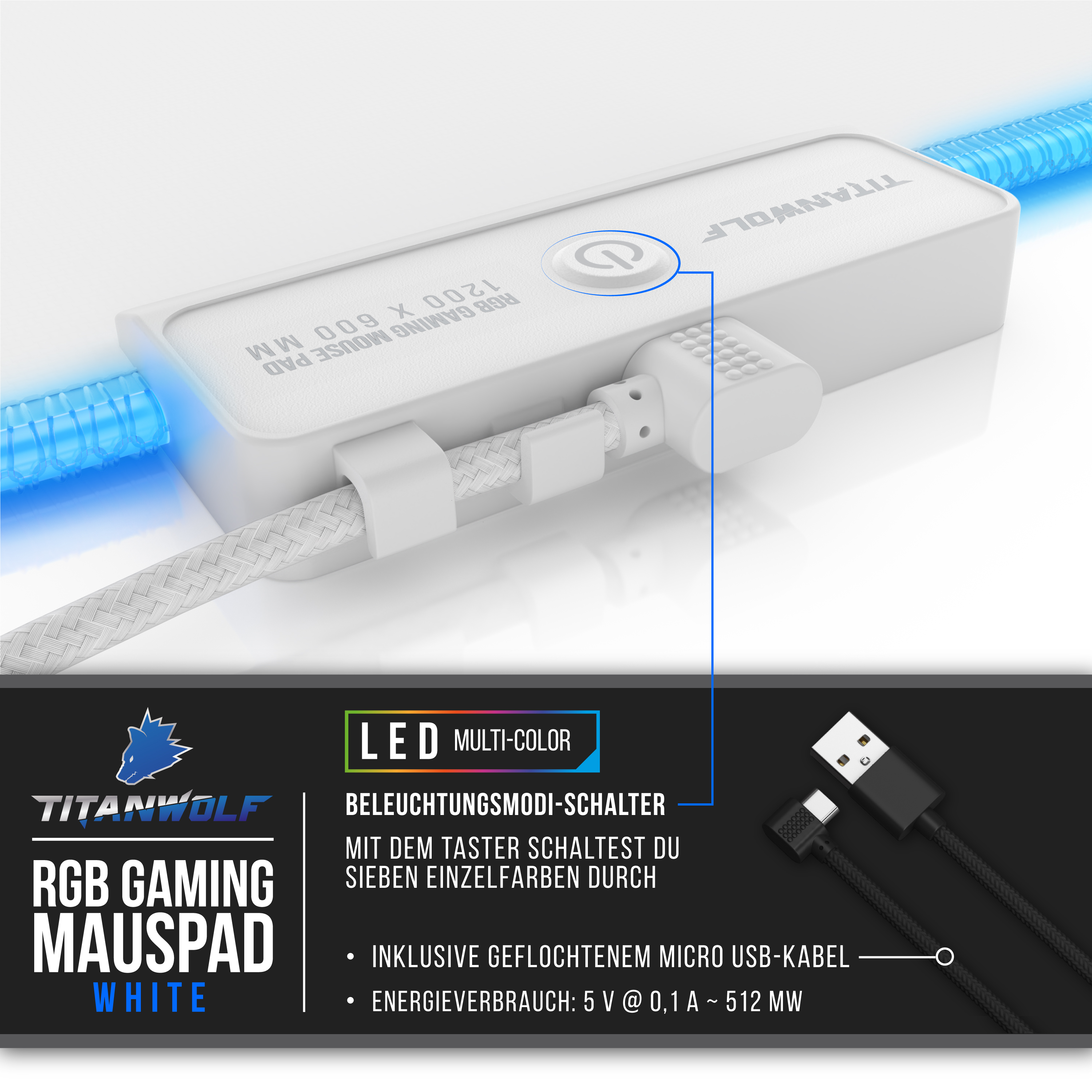 Titanwolf RGB-Mauspad-Steuereinheit mit LED-Taste, geflochtenem Micro-USB-Kabel und weißem Design.