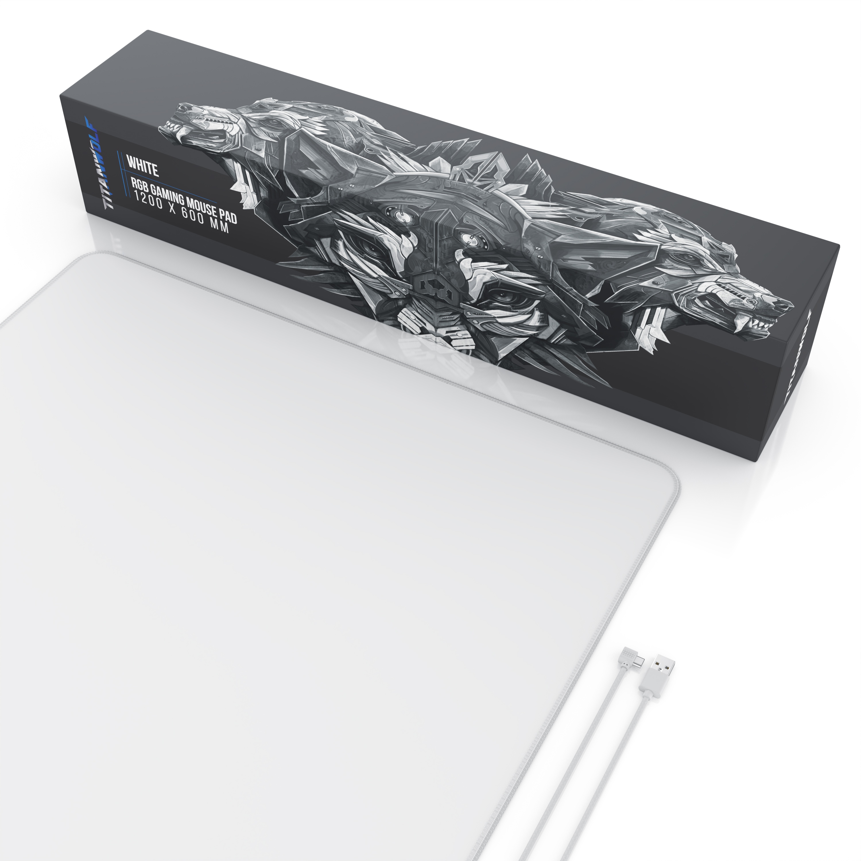 Ein weißes RGB-Gaming-Mauspad neben der Verpackung mit Wolf-Grafik und einem USB-Kabel.