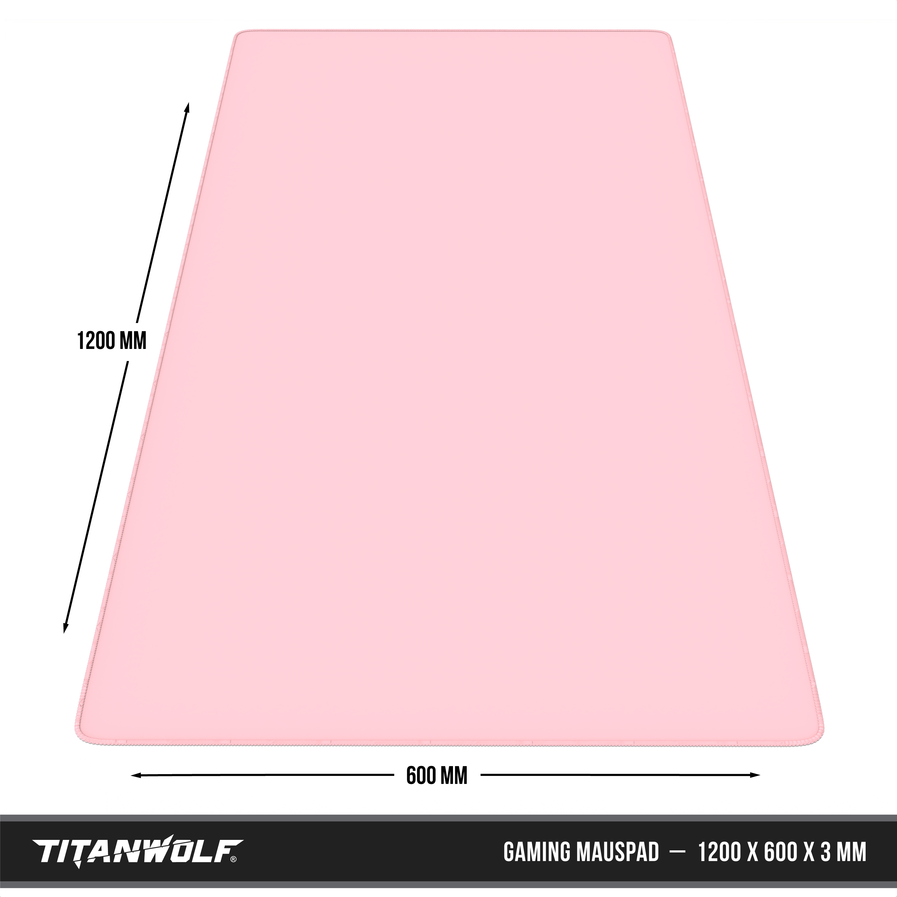 Ein großes rosafarbenes Gaming-Mauspad mit 1200x600 mm, Maßangaben und Titanwolf-Logo.