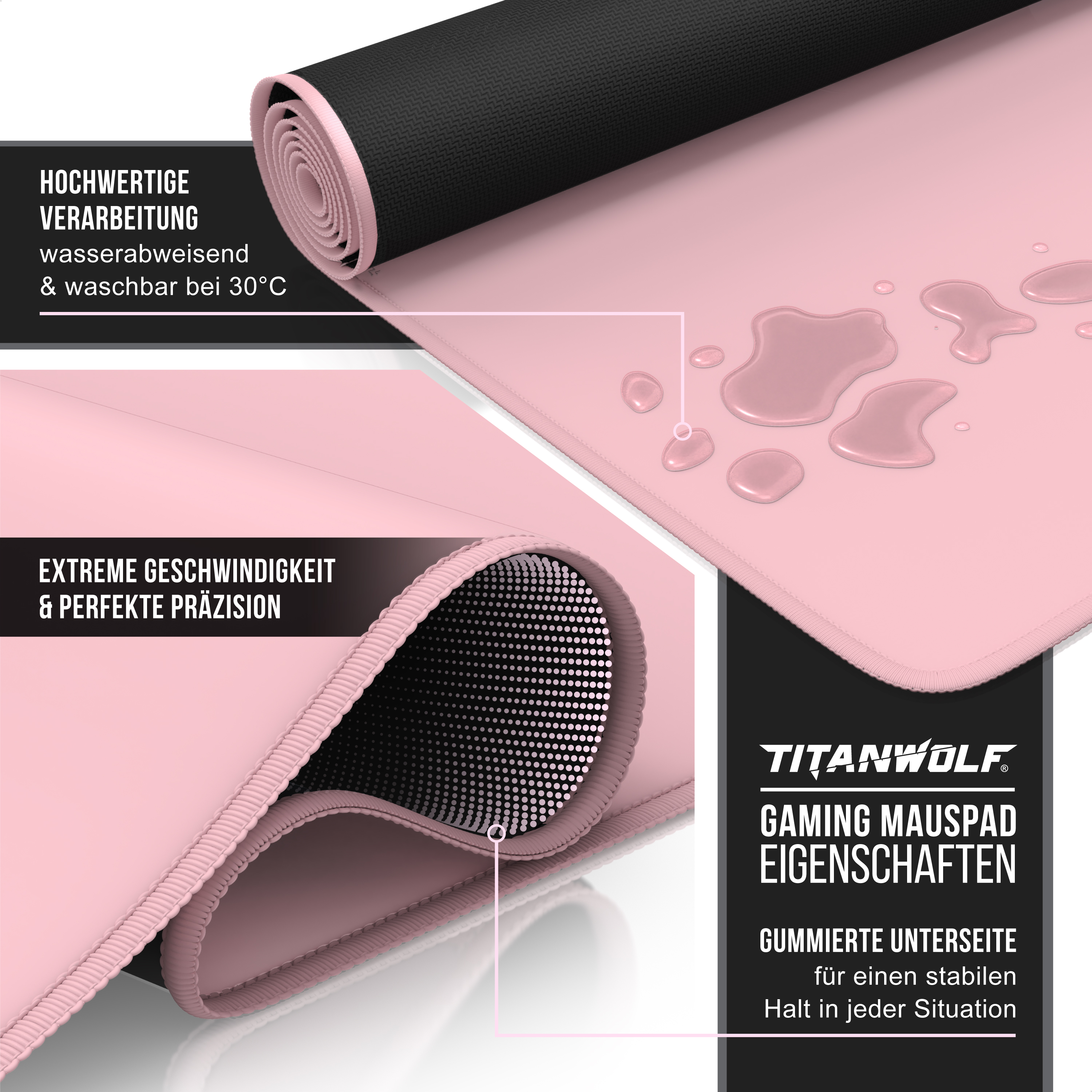 Rosa Titanwolf Gaming-Mauspad mit Wassertropfen und Textkarten zu Eigenschaften.