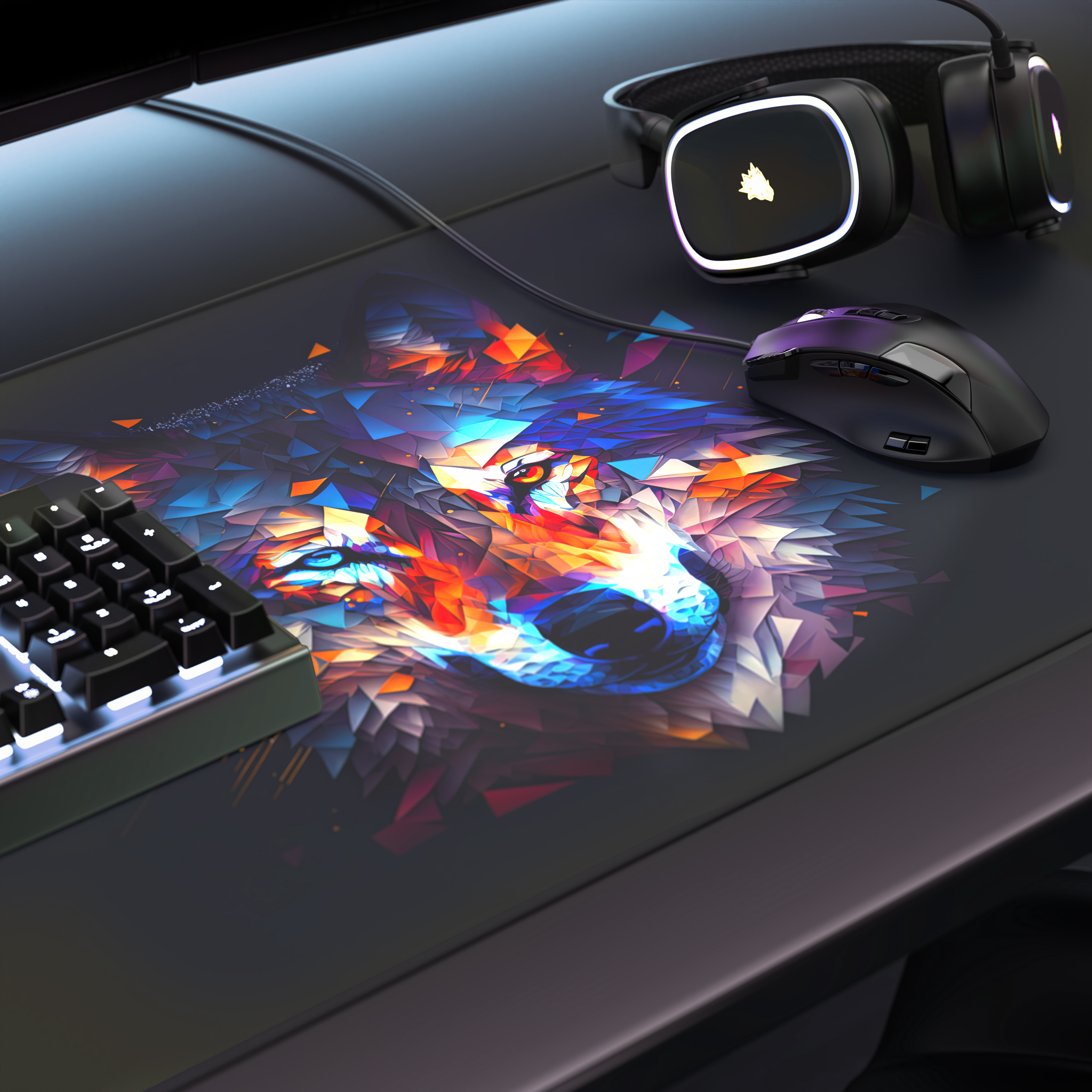 Ein Gaming-Schreibtisch mit einer bunten Wolf-Mausmatte, Tastatur, Maus und beleuchteten Kopfhörern.