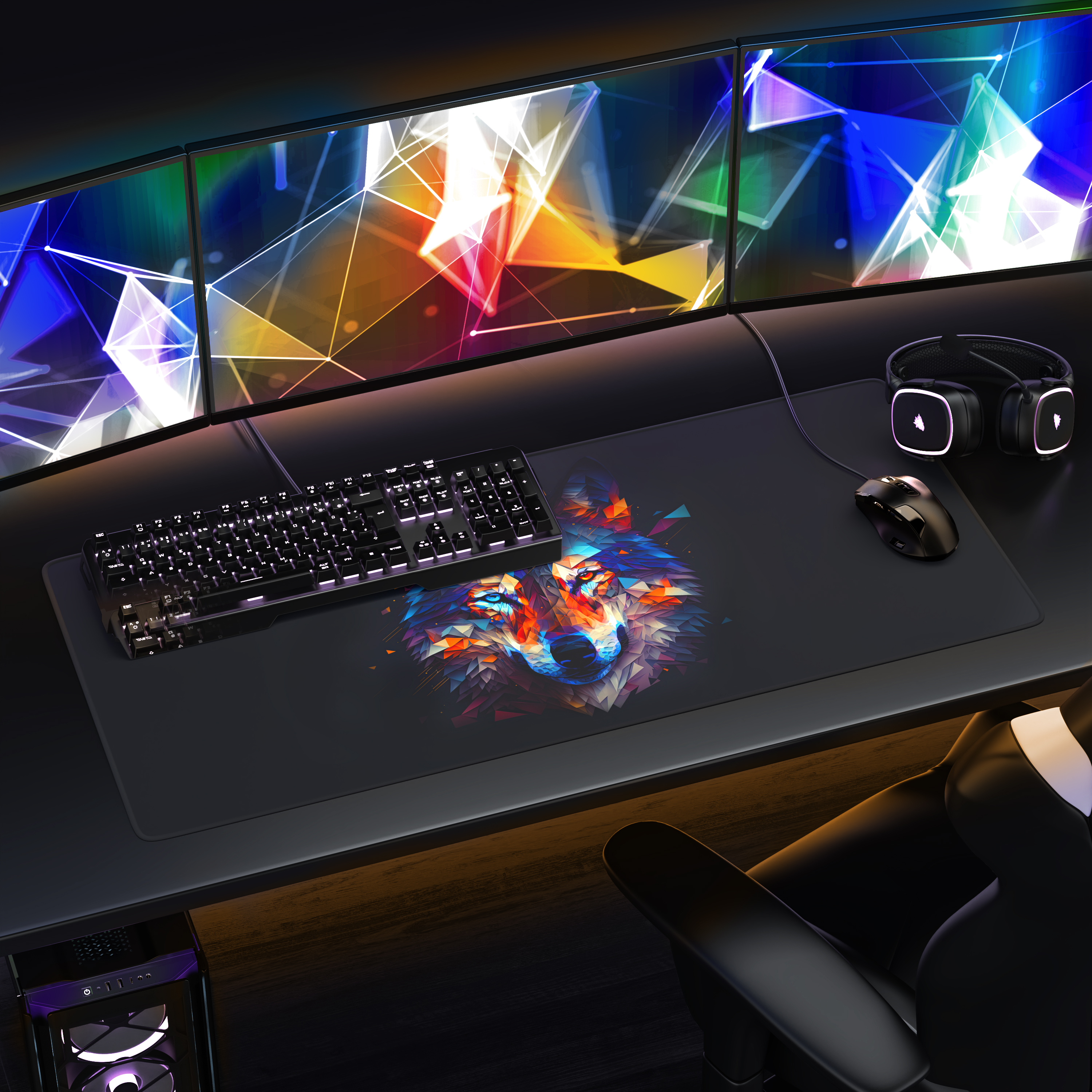 Ein Gaming-Schreibtisch mit drei Monitoren, Tastatur, Maus mit Wolf-Mauspad, Kopfhörern und einem Stuhl.