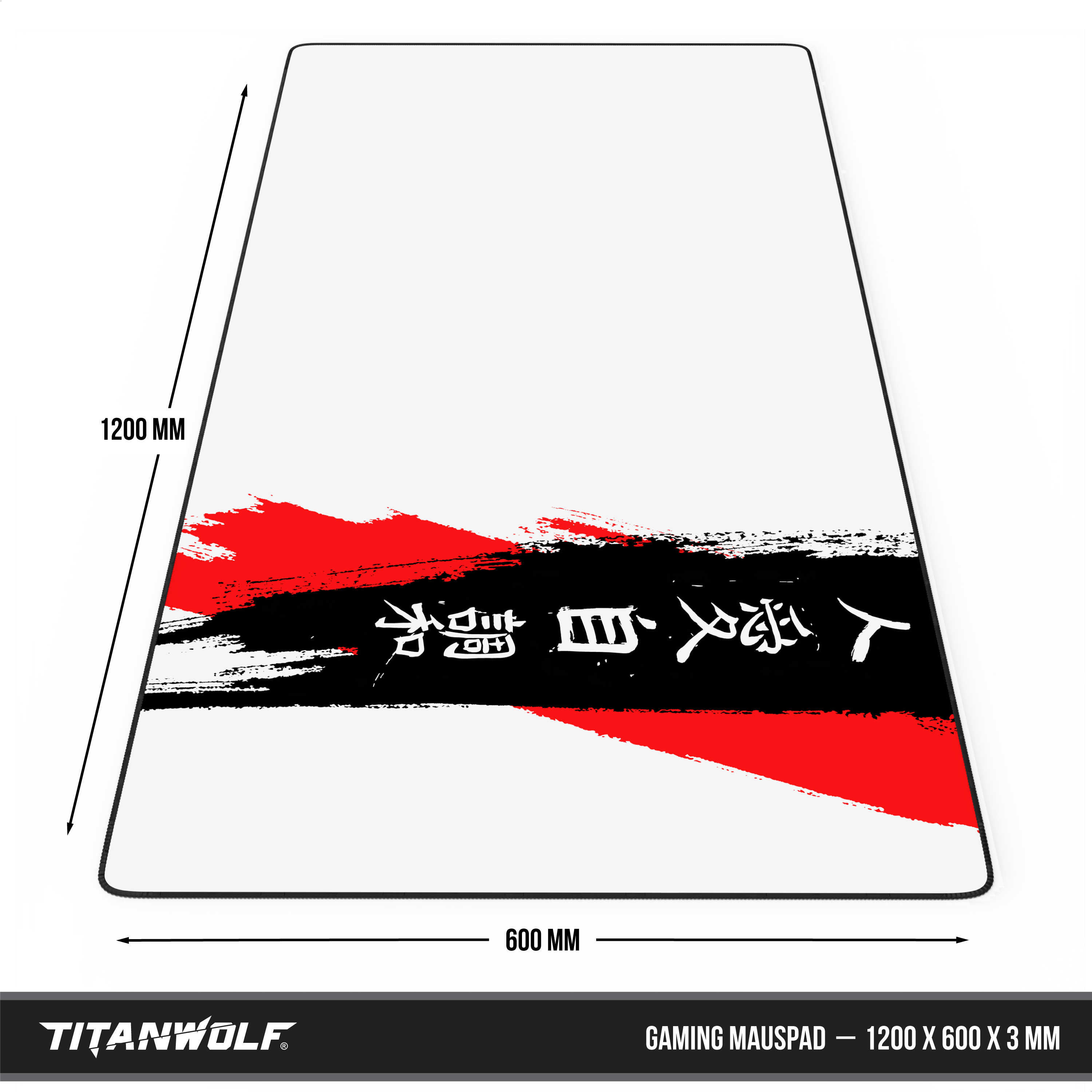 Weißes Gaming-Mauspad mit rotem und schwarzem Pinselstrich-Design und asiatischen Schriftzeichen, Maße 1200x600 mm.