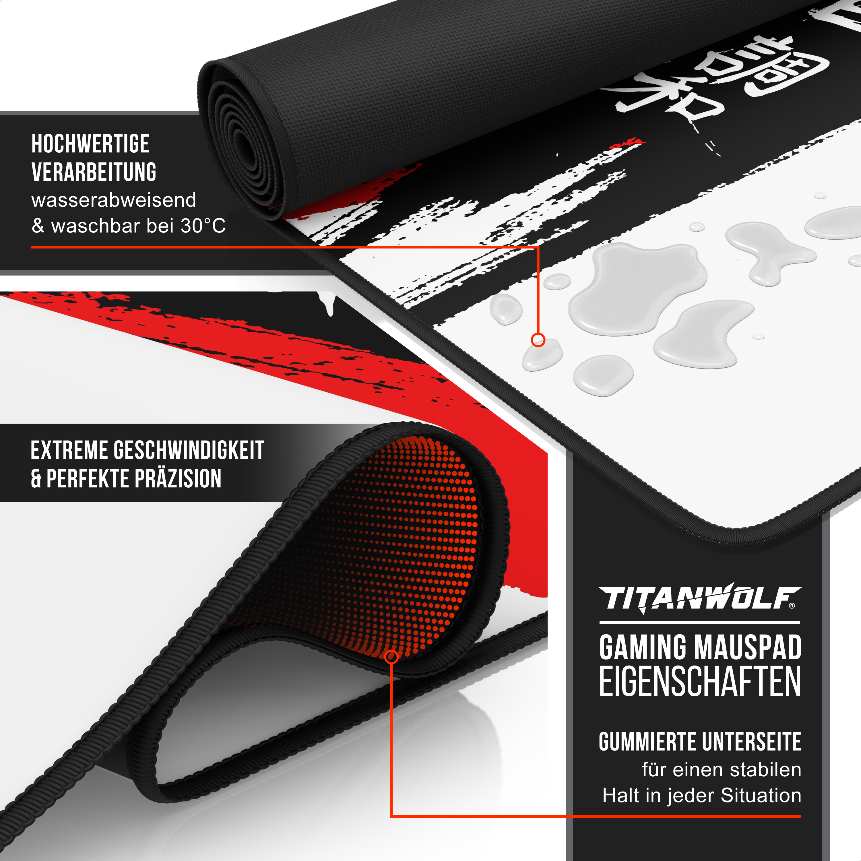 Titanwolf Gaming-Mauspad mit wasserabweisender Oberfläche und gummierter Unterseite für optimalen Halt.