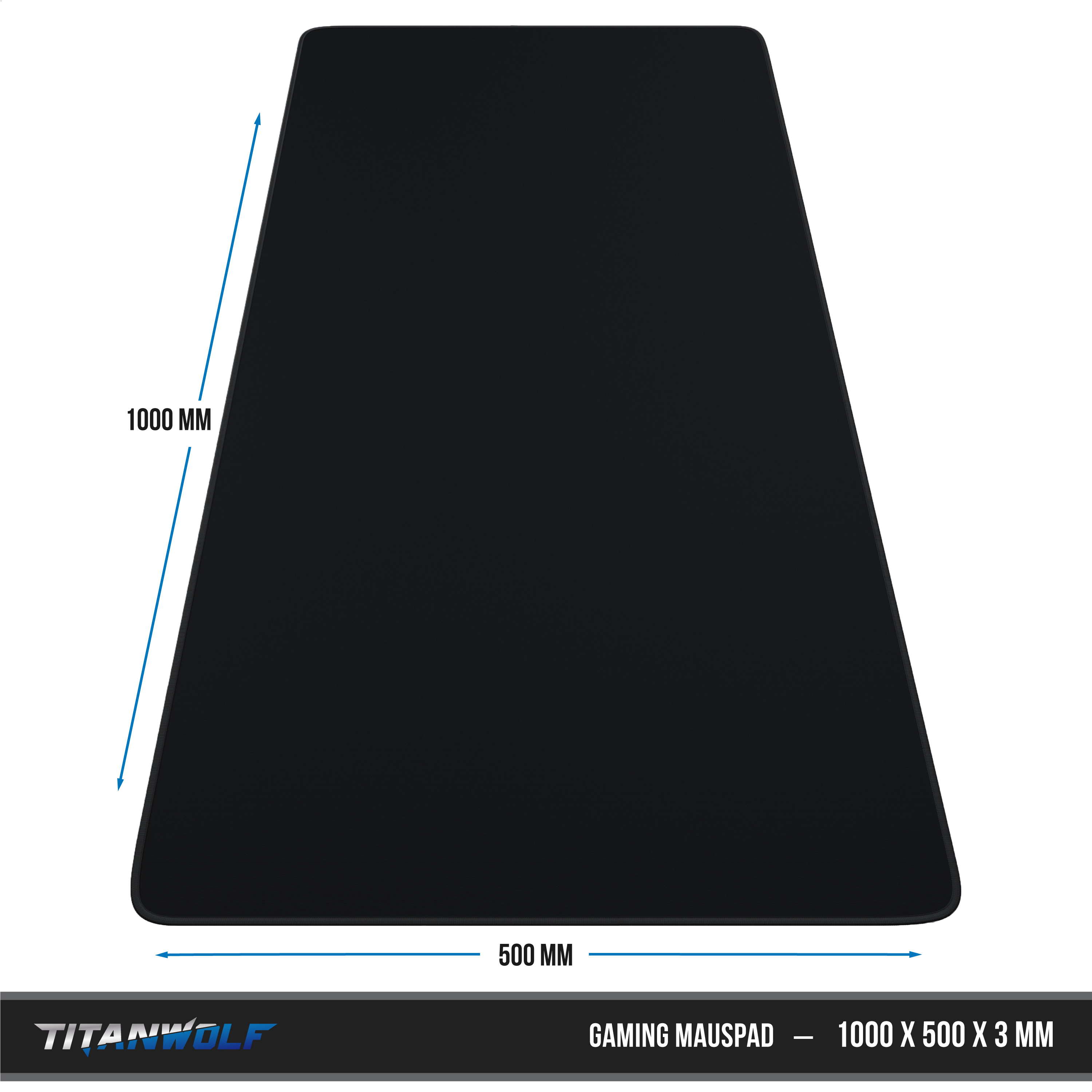 Schwarzes Titanwolf Gaming-Mauspad mit Maßen von 1000 x 500 x 3 mm auf weißem Hintergrund.