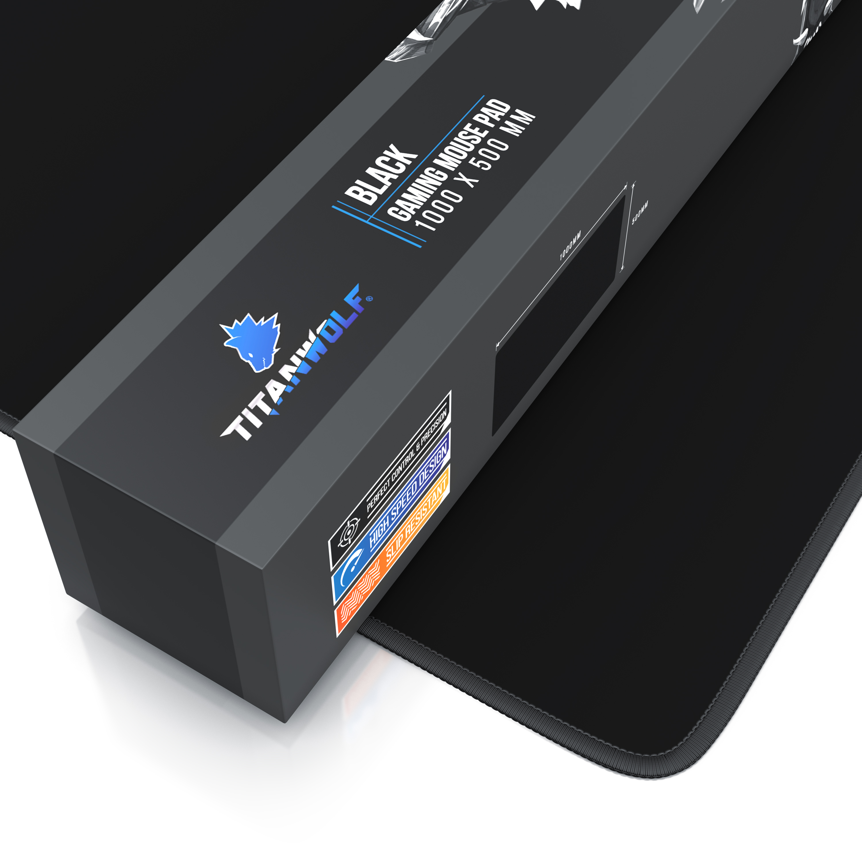 Ein schwarzes Titanwolf Gaming-Mauspad in seiner Verpackung auf weißer Oberfläche.