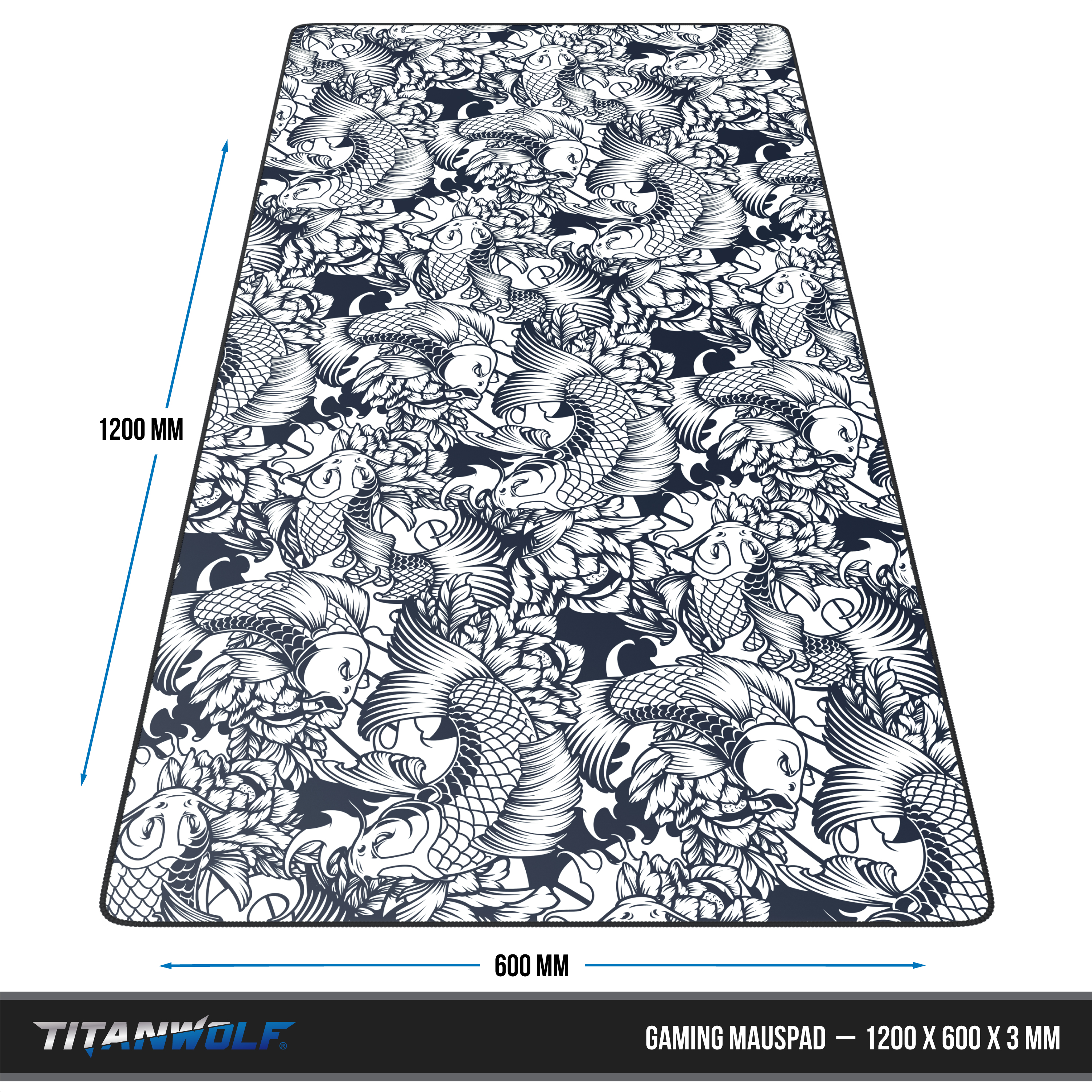 Titanwolf Gaming-Mauspad, 1200x600x3 mm, mit schwarz-weißem Koi-Karpfen- und Blumenmuster.