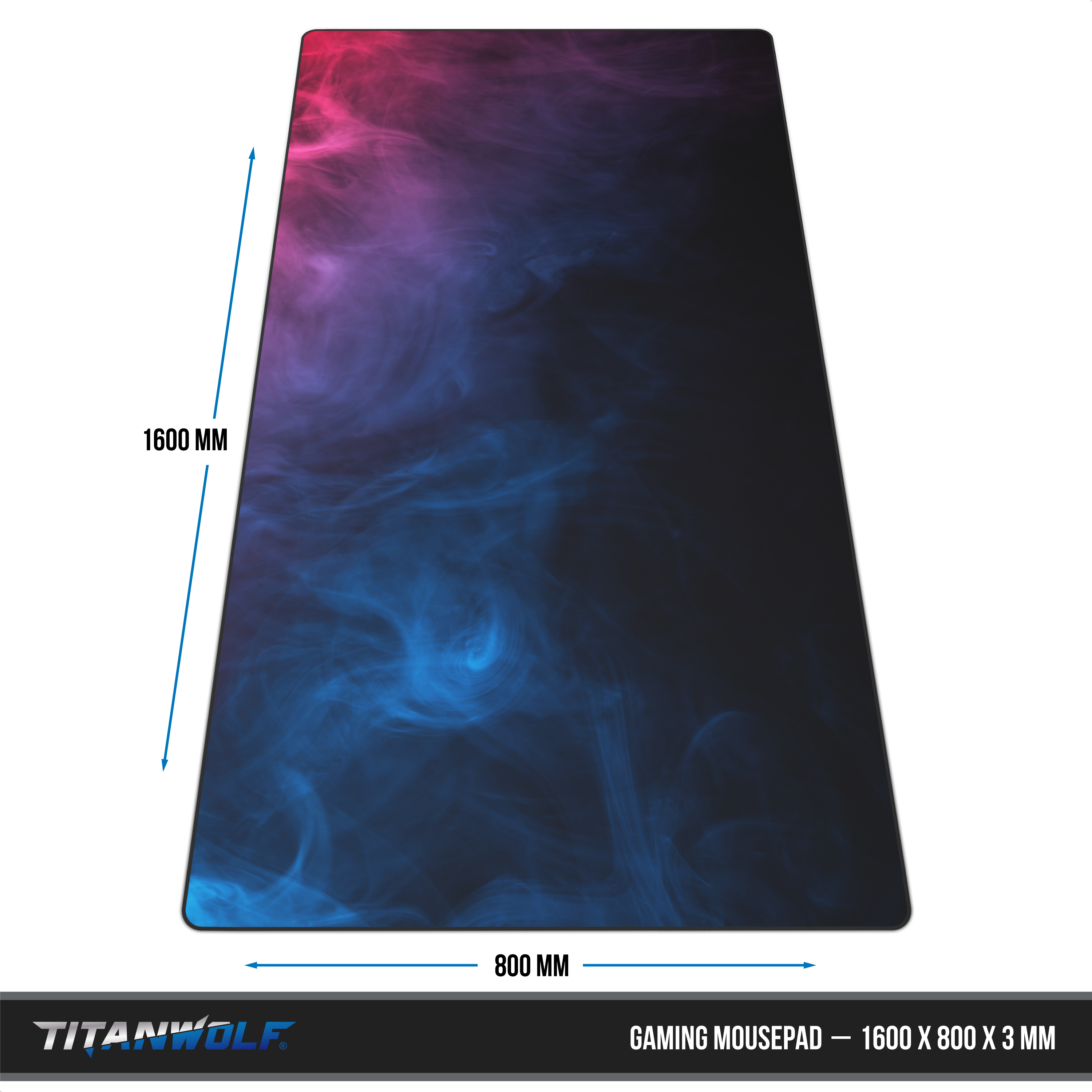Titanwolf Gaming-Mauspad mit pink-blauen Rauchmuster und Maßangaben.