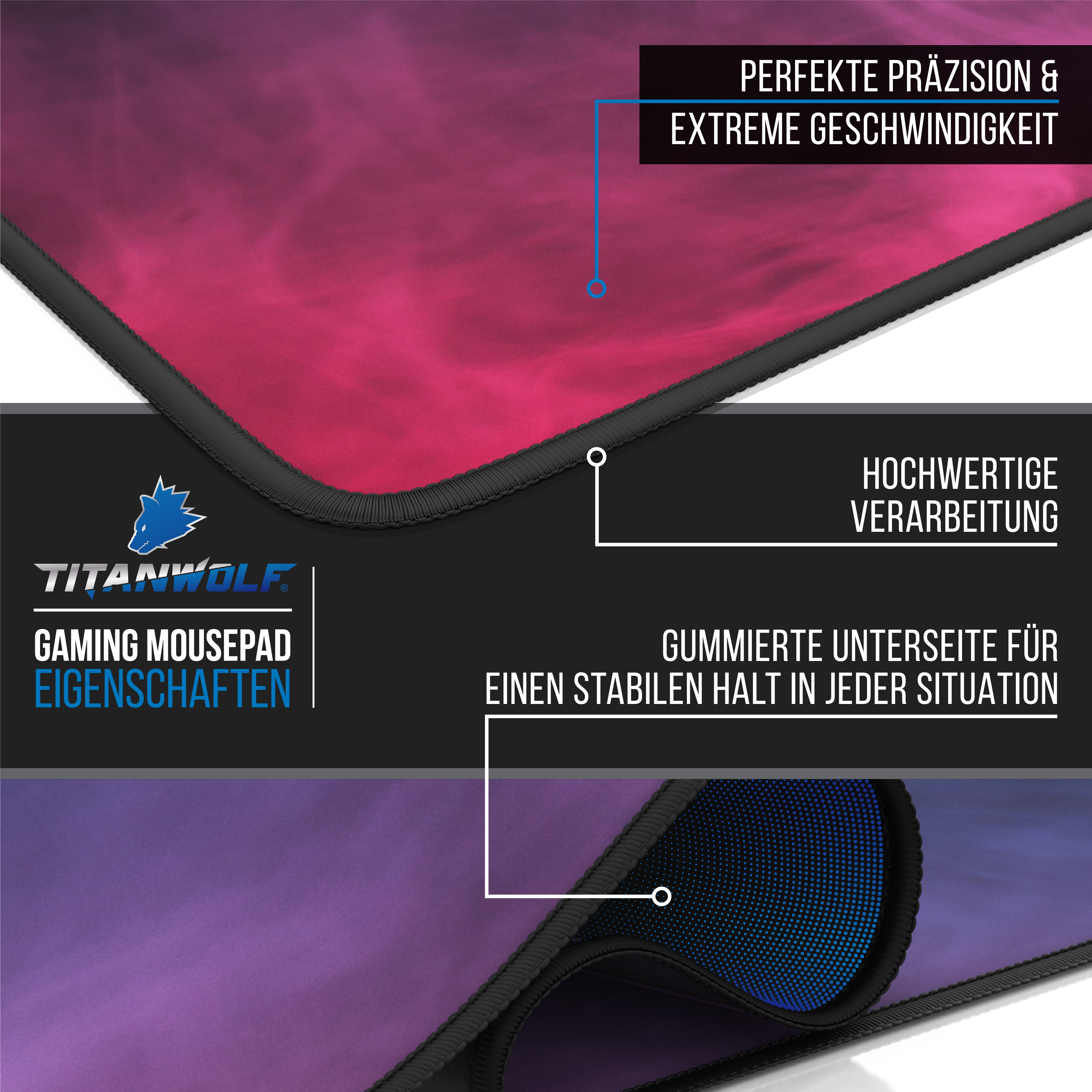 Titanwolf Gaming-Mousepad mit Präzision, hochwertiger Verarbeitung und gummierter Unterseite für stabilen Halt.