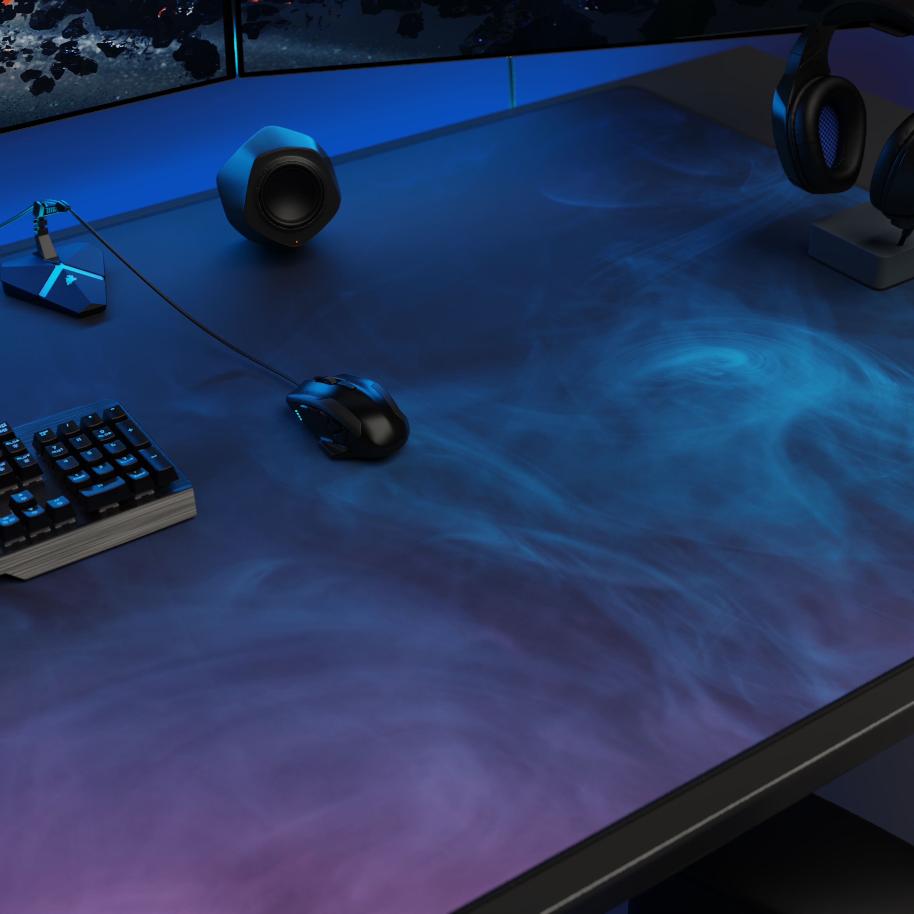 Ein Gaming-Schreibtisch mit Maus, Tastatur, Lautsprecher und Kopfhörern auf einer blau leuchtenden Unterlage.