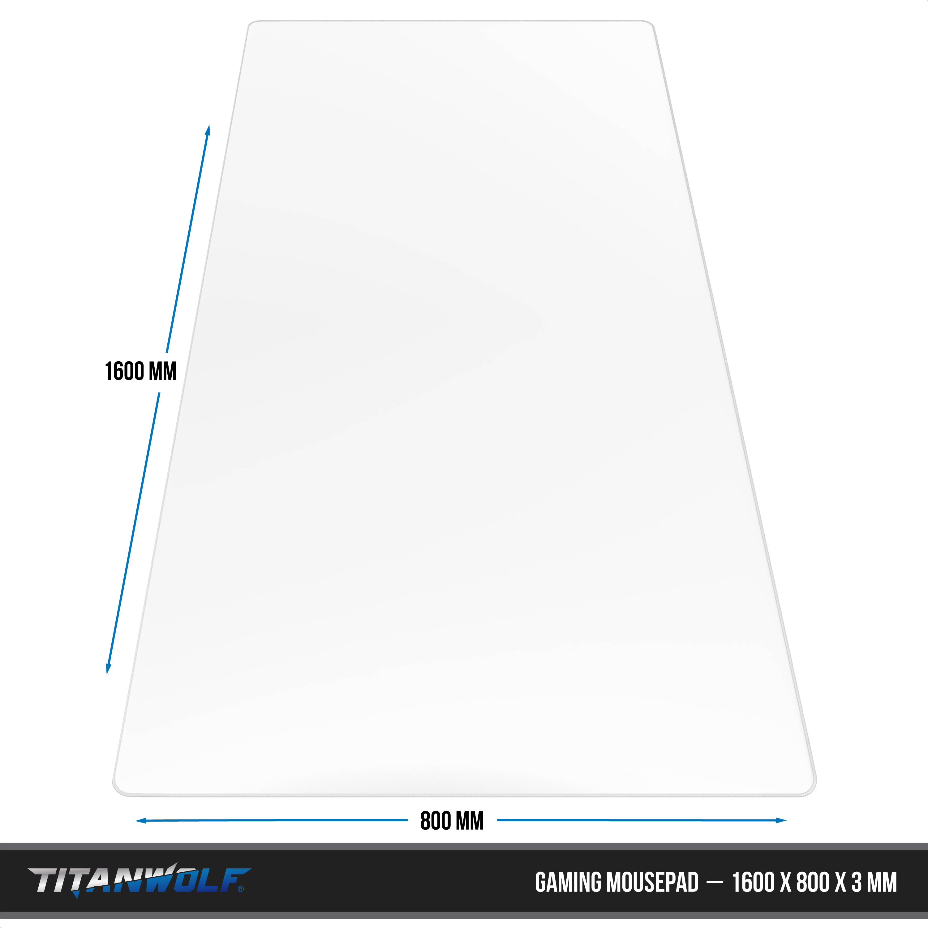 Ein weißes Gaming-Mauspad mit Maßen von 1600x800x3 mm und Titanwolf-Logo.
