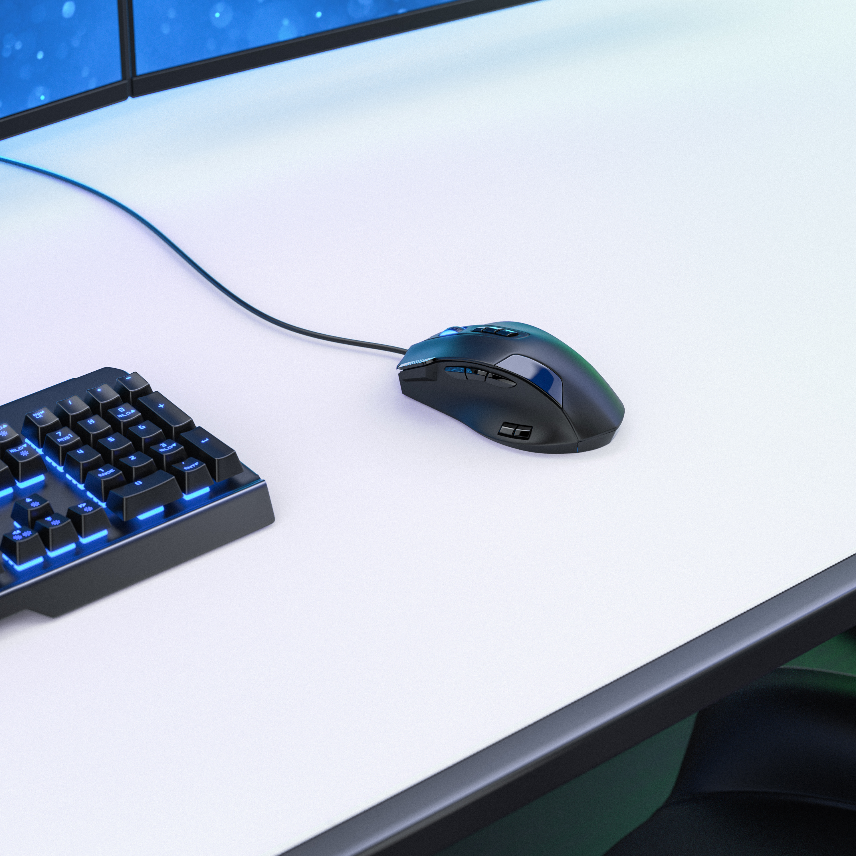 Eine schwarze kabelgebundene Gaming-Maus und eine beleuchtete Tastatur liegen auf einem weißen Schreibtisch.