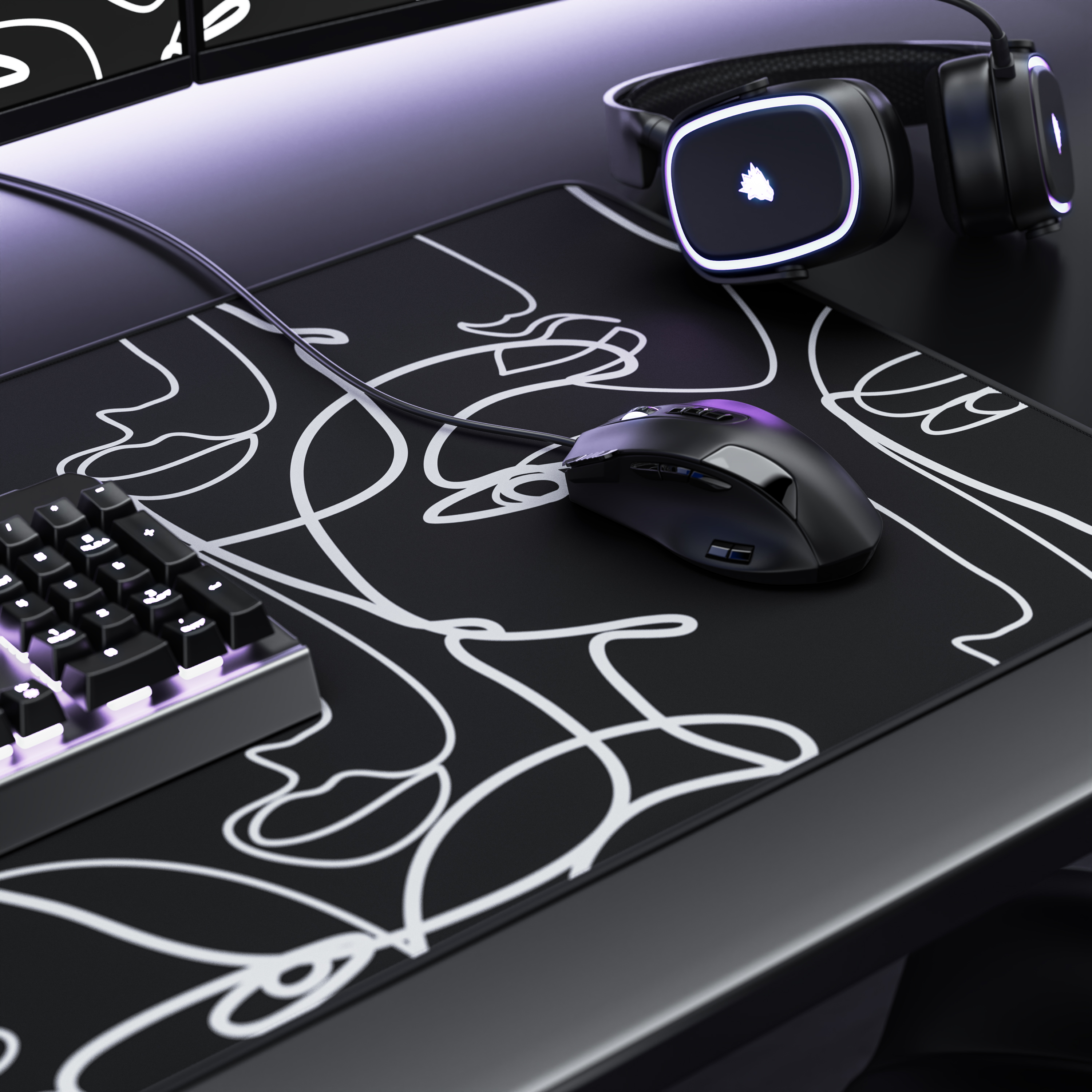 Ein Gaming-Schreibtisch mit Mauspad mit Linienkunst, schwarzer Maus, beleuchteter Tastatur und leuchtenden Kopfhörern.