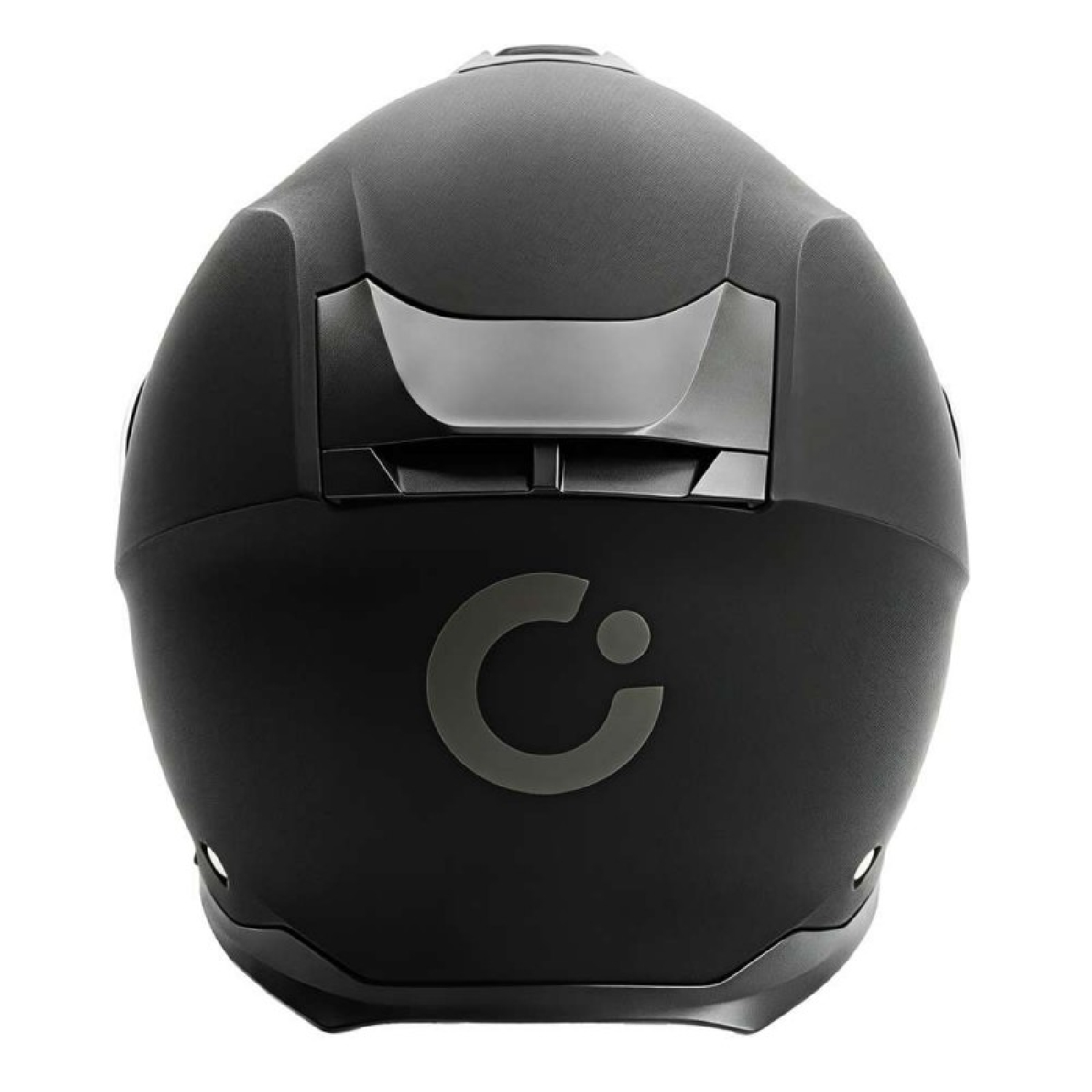 Un casco de moto negro mate visto desde atrás con un logotipo C gris y ranuras de ventilación.