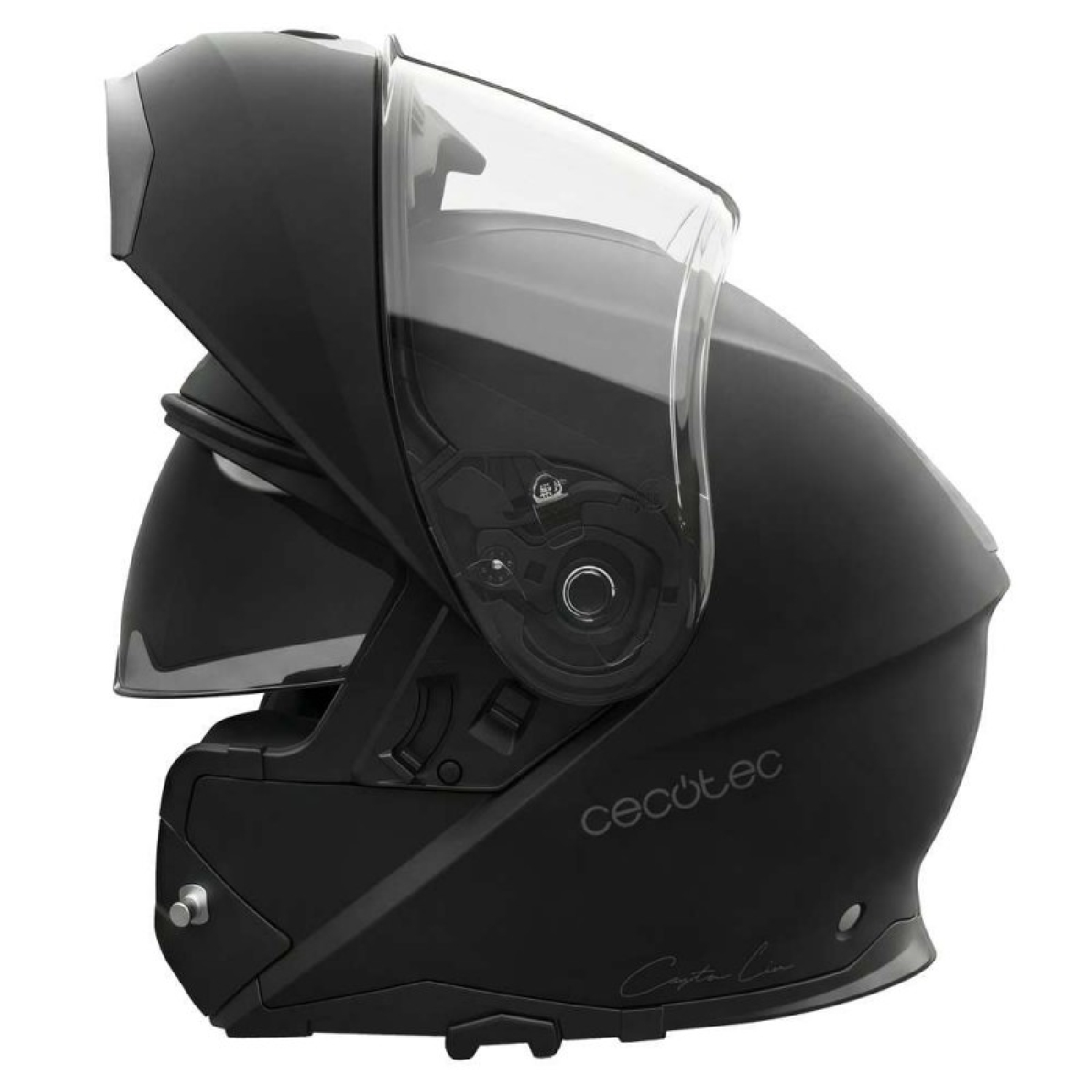 Casco integral negro con visera abierta sobre fondo blanco.