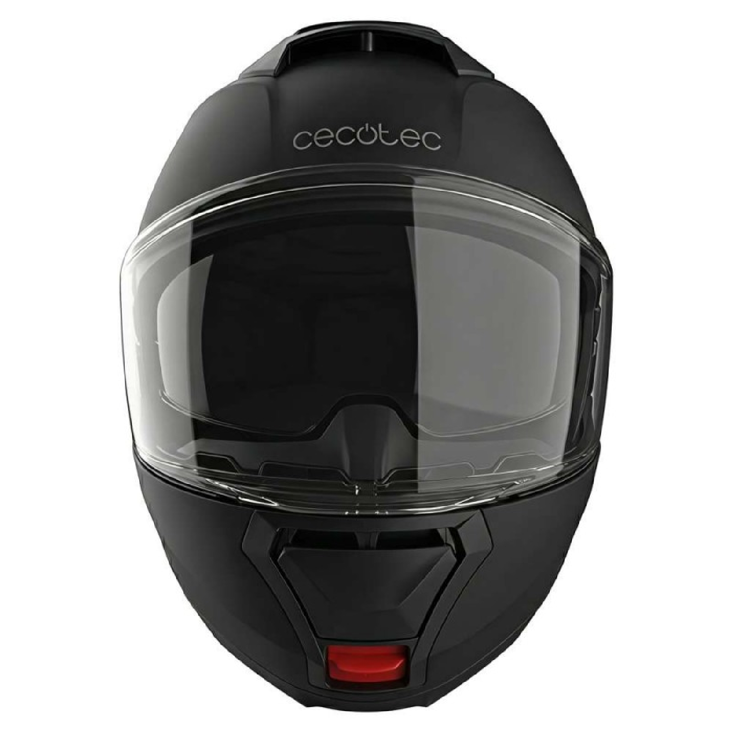 Vista frontal de un casco de moto negro Cecotec con visera transparente y botón rojo.