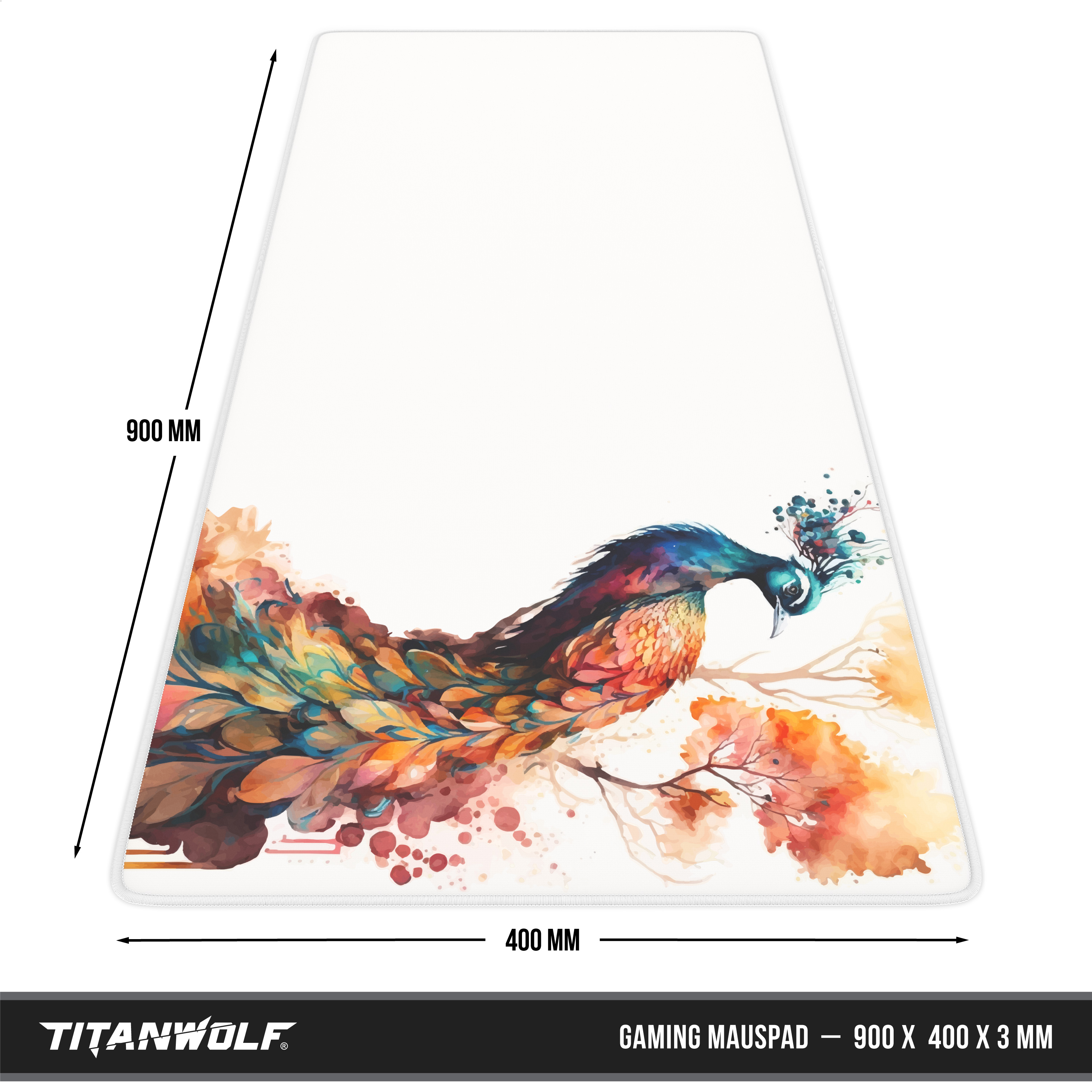 Titanwolf Gaming-Mauspad mit einem bunten Pfau-Aquarelldesign, Maße 900x400x3 mm.