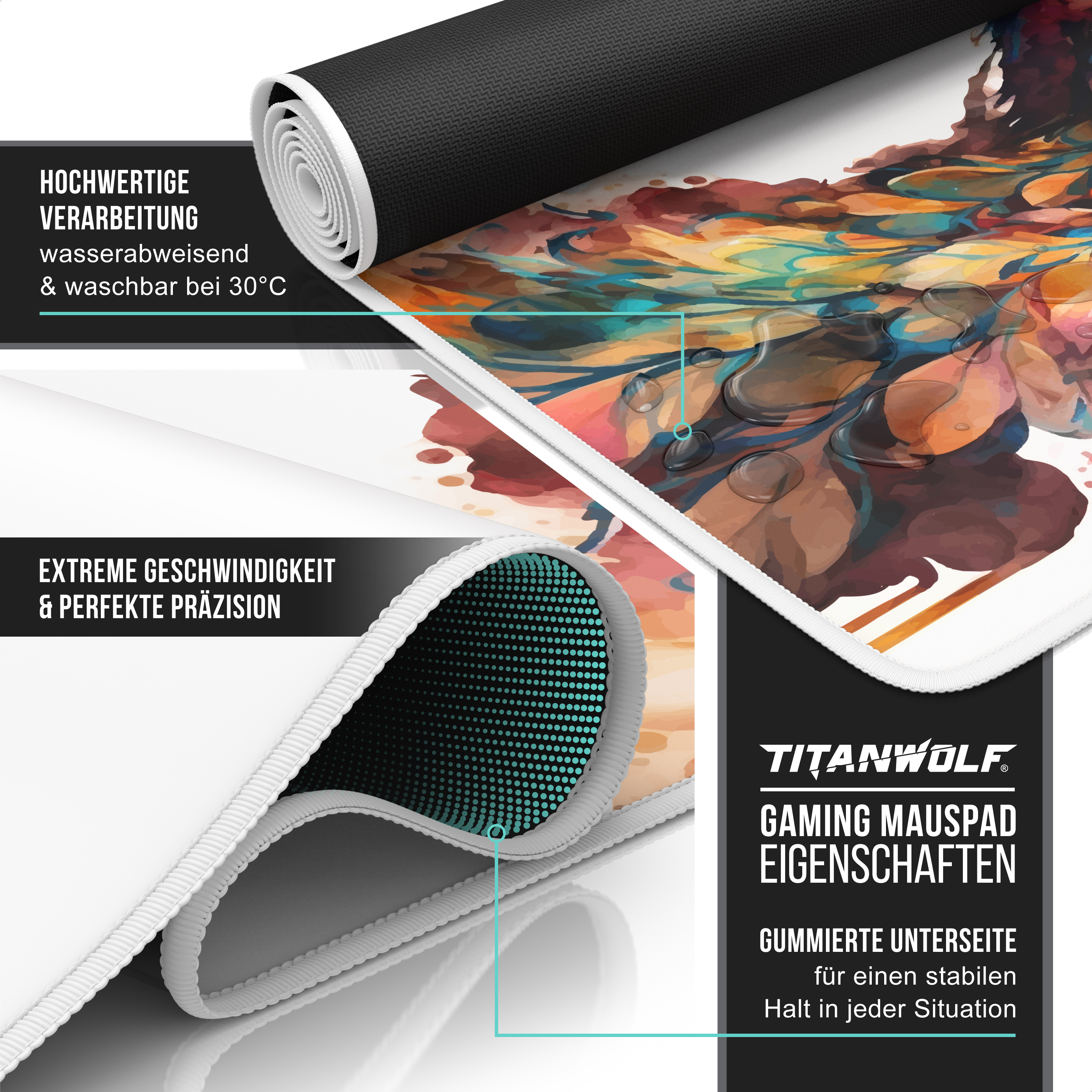 Titanwolf Gaming-Mauspad, wasserabweisend mit farbigem Design und rutschfester Unterseite.