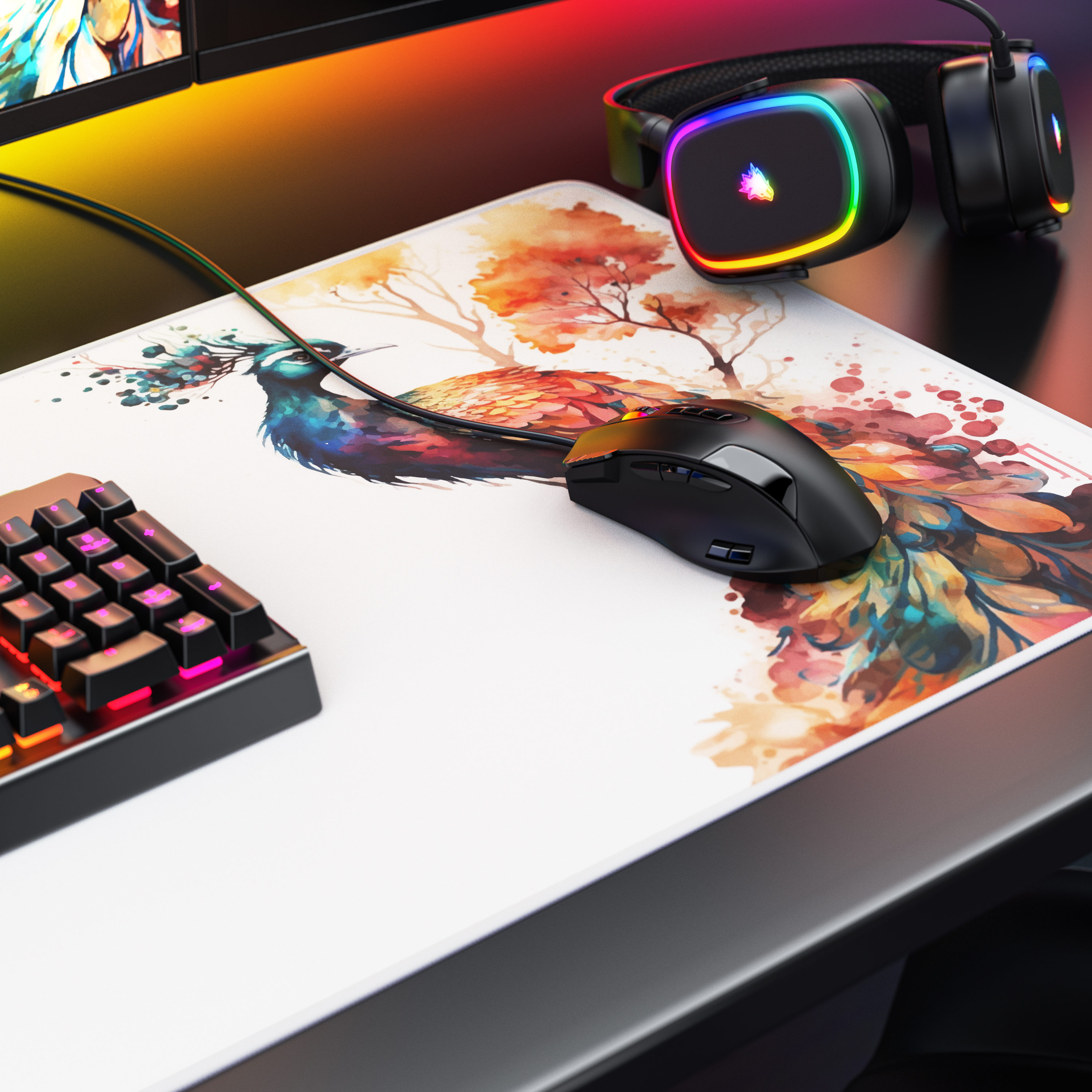 Ein Gaming-Setup mit Maus, Tastatur und RGB-Headset auf einer kunterbunten Schreibtischunterlage.