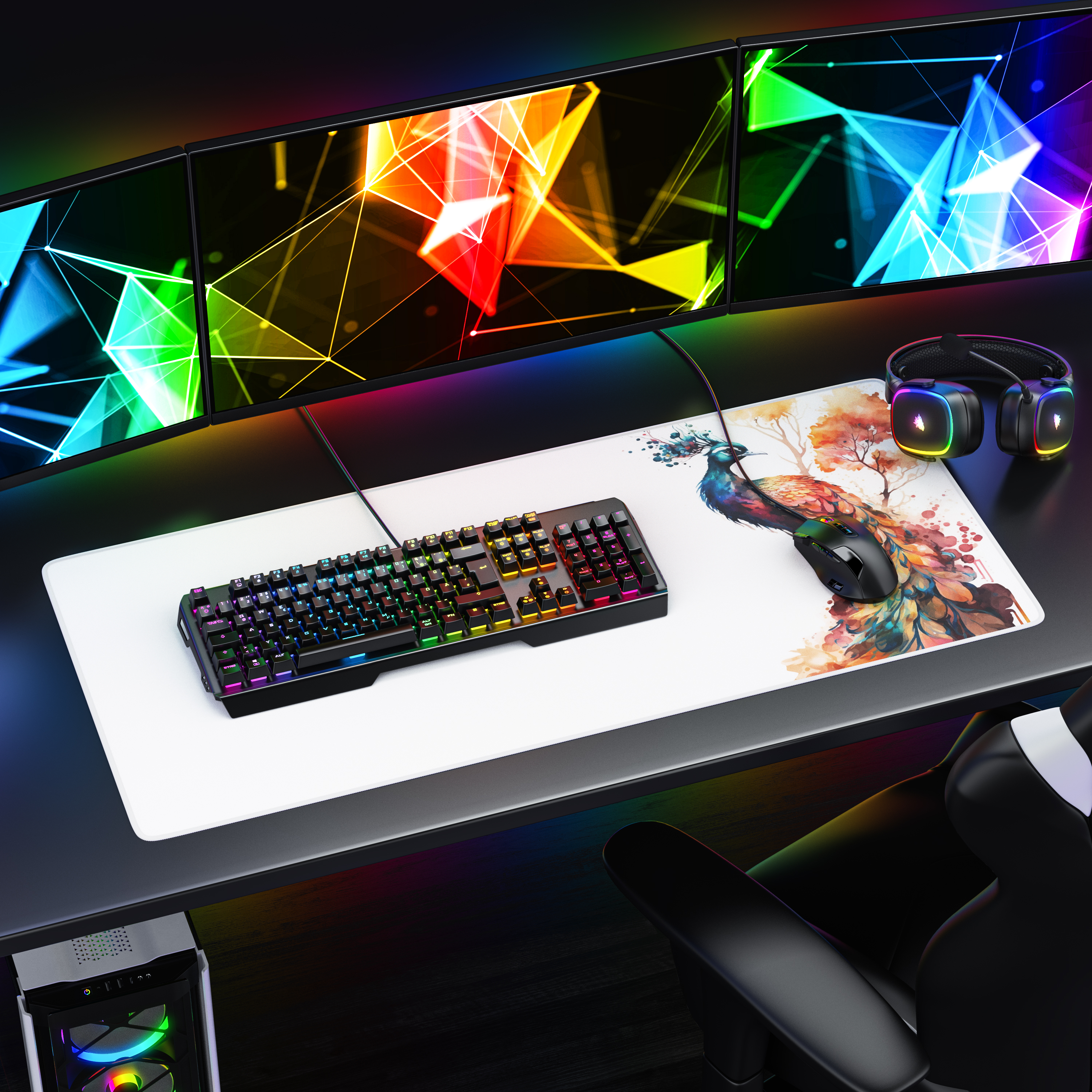 Ein Gaming-Setup mit drei Monitoren, einer bunt beleuchteten Tastatur, Maus, Kopfhörern und einer bunten Schreibtischunterlage.