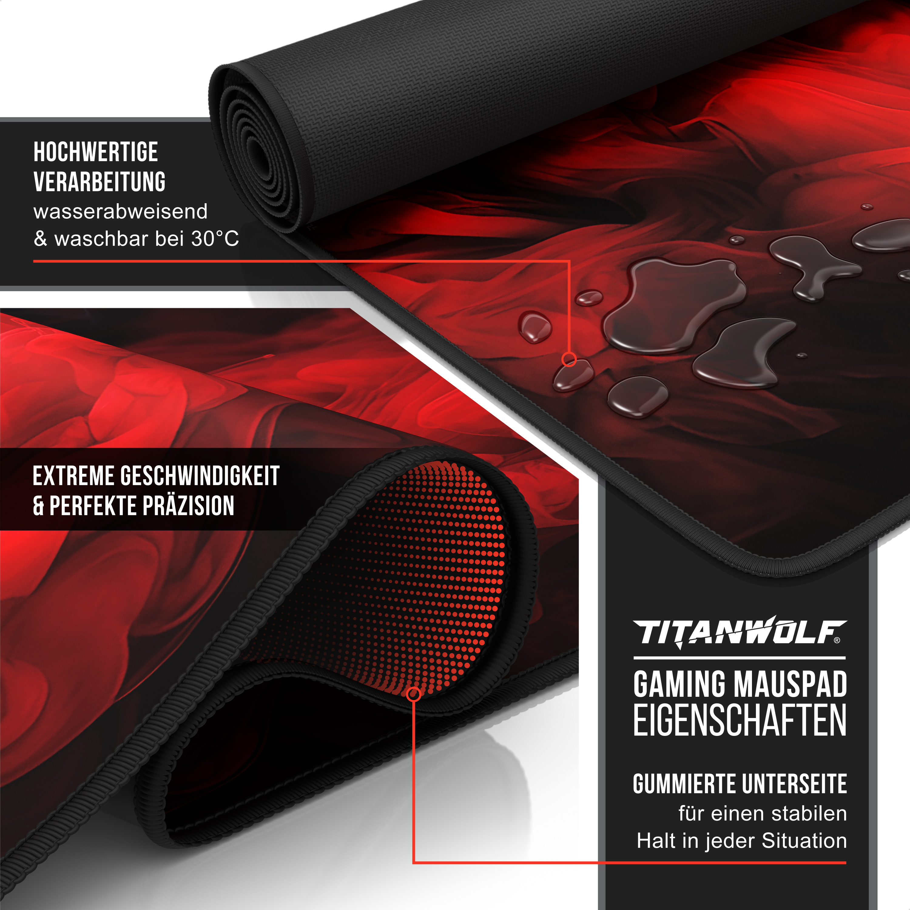 Titanwolf Gaming-Mauspad mit rotem Muster, wasserabweisend und gummierter Unterseite.