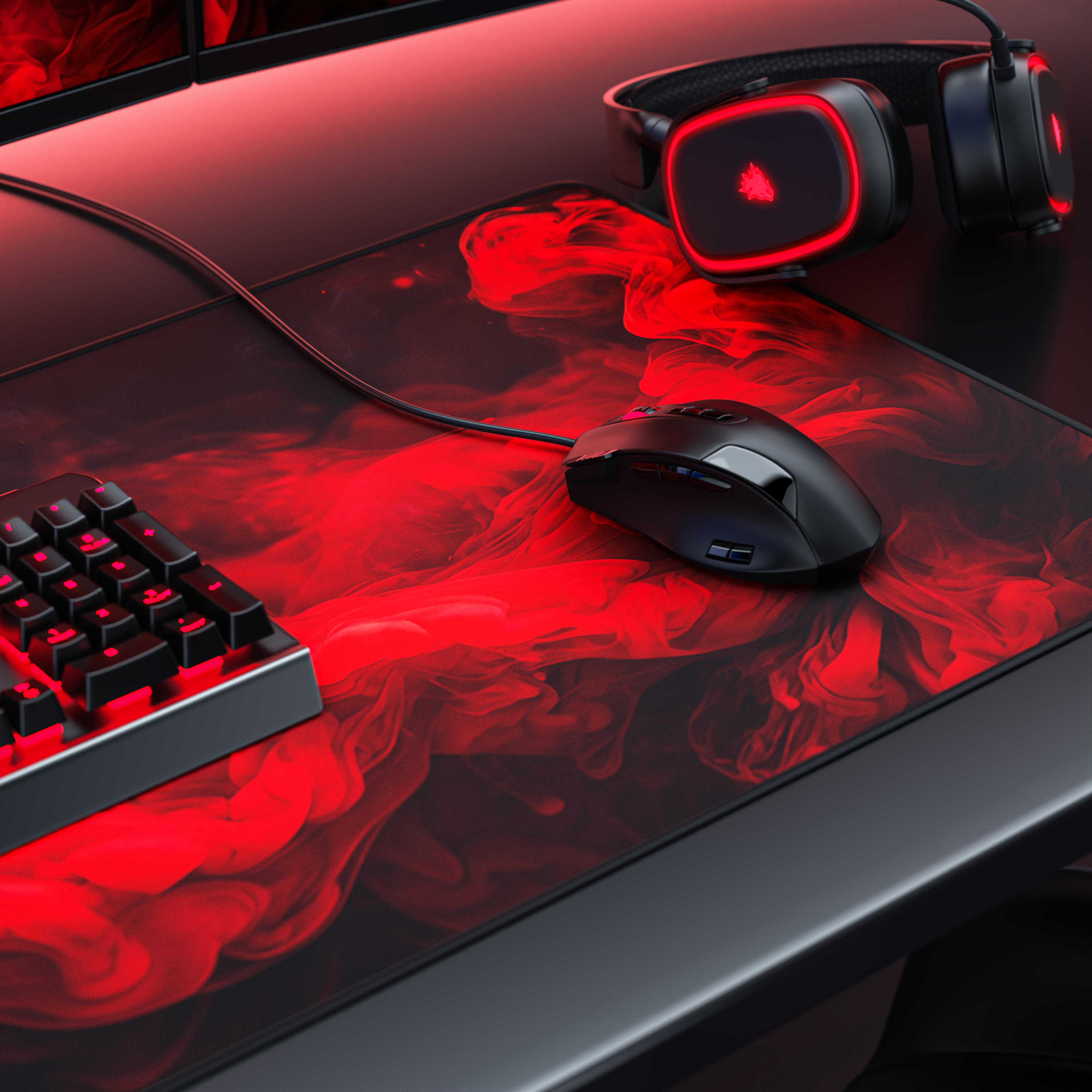 Gaming-Schreibtisch mit Maus, rot beleuchteter Tastatur, Headset und rotem Rauch-Mauspad.