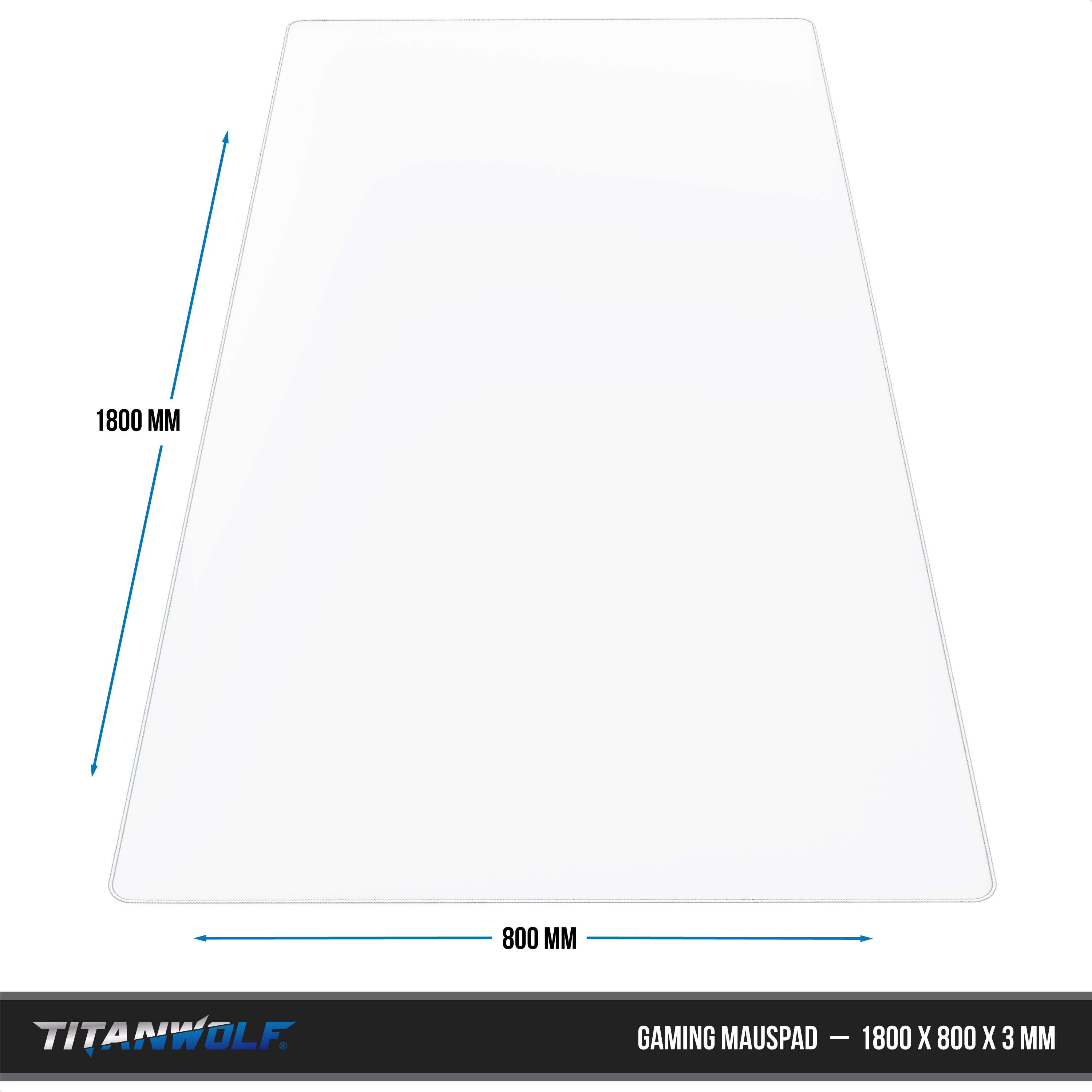 Technische Zeichnung eines Titanwolf Gaming-Mauspads, Größe 1800x800x3 mm, mit blauen Maßpfeilen.