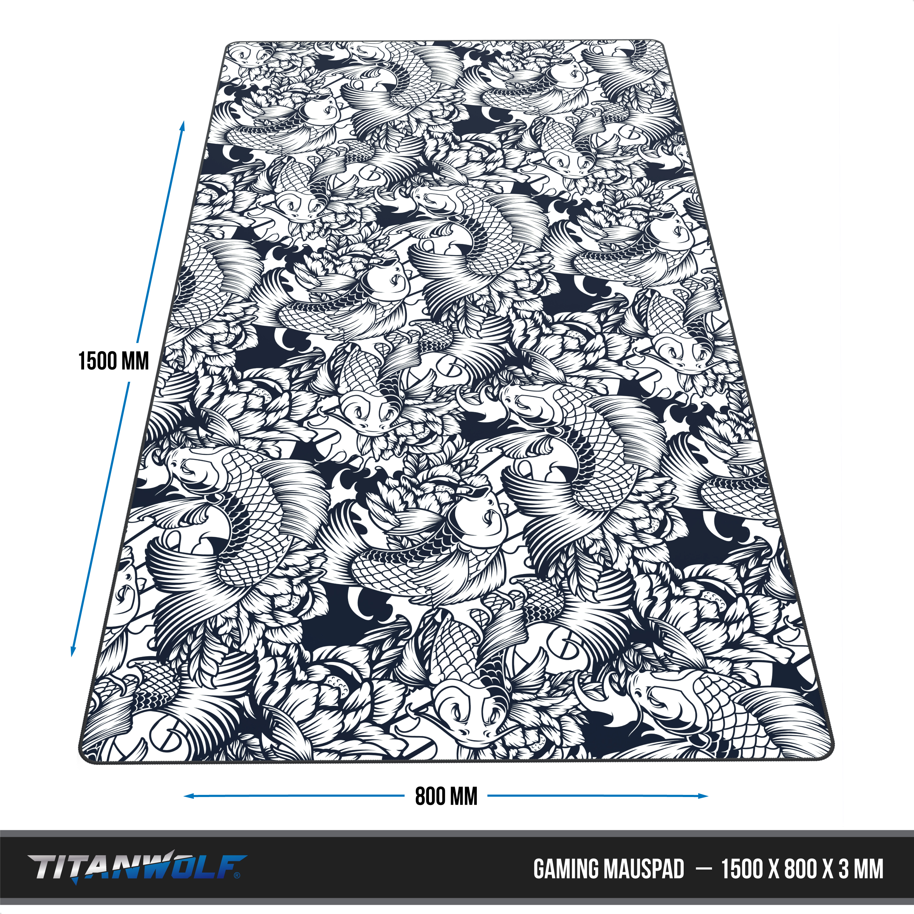 Titanwolf Gaming-Mauspad mit schwarz-weißem Koi-Karpfen- und Blumenmuster, 1500x800x3 mm.