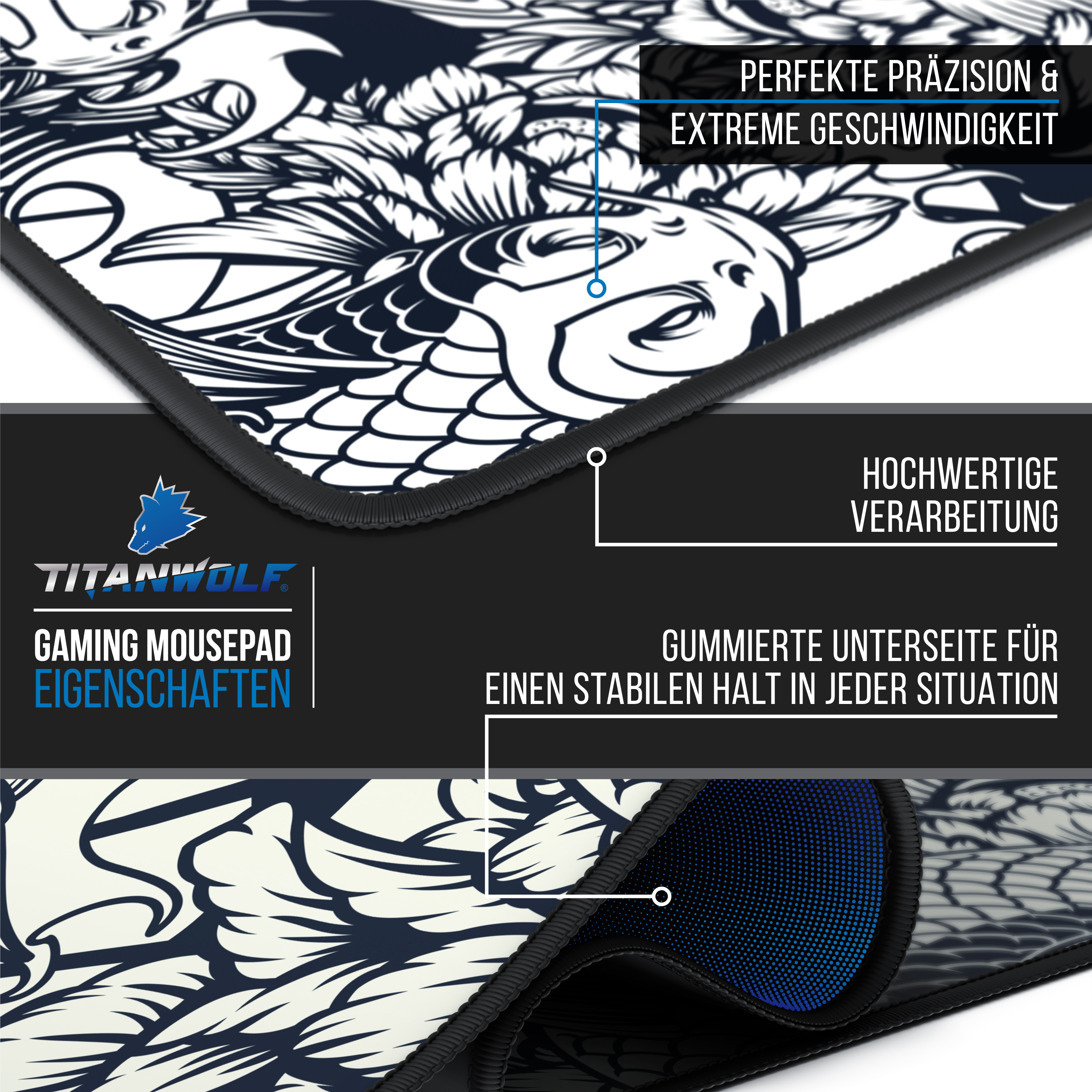 Titanwolf Gaming-Mousepad mit Drachen-Design, stitched edges und gummierter Unterseite für optimalen Halt.
