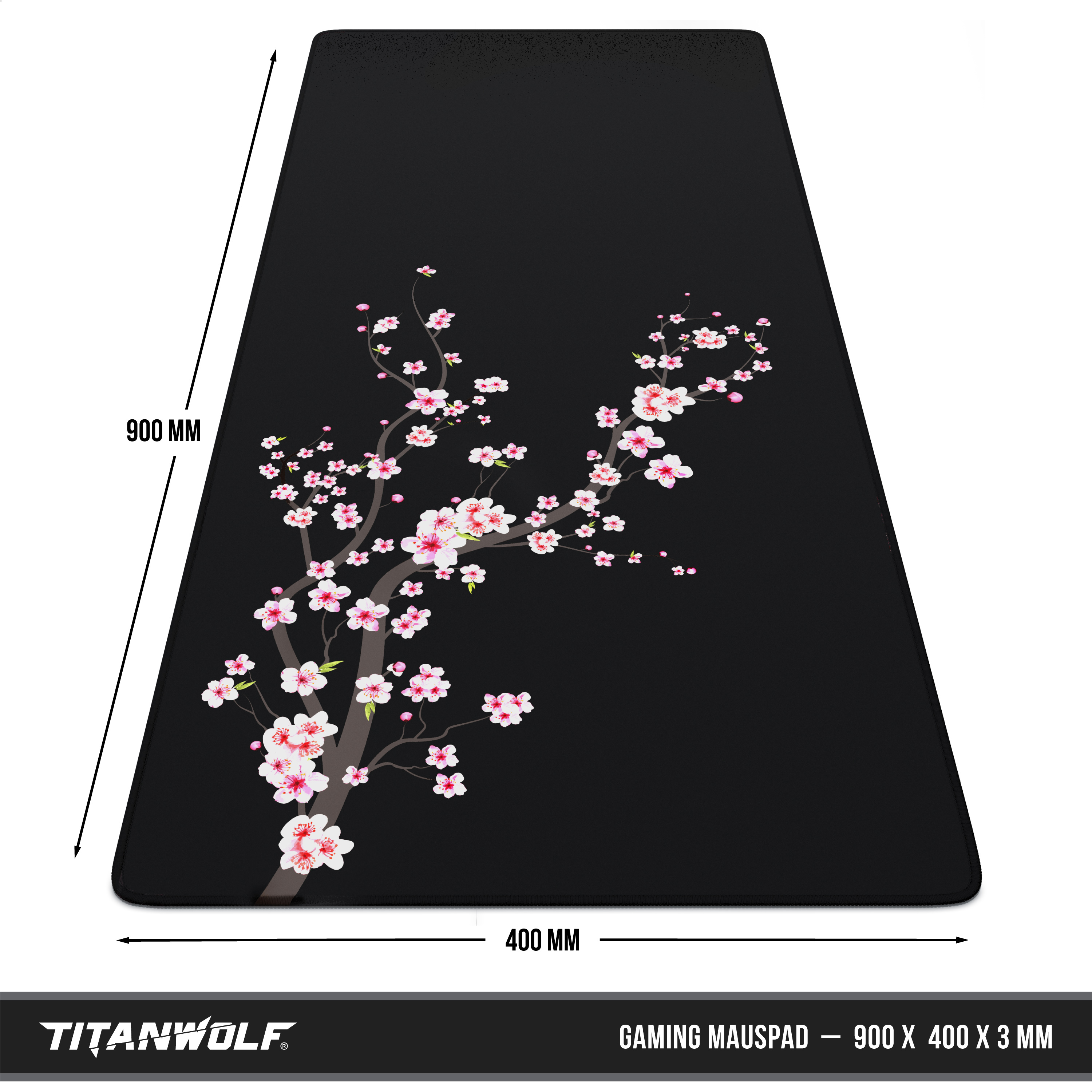 Schwarzes Titanwolf Gaming-Mauspad mit rosa Kirschblütenzweig, 900x400 mm.