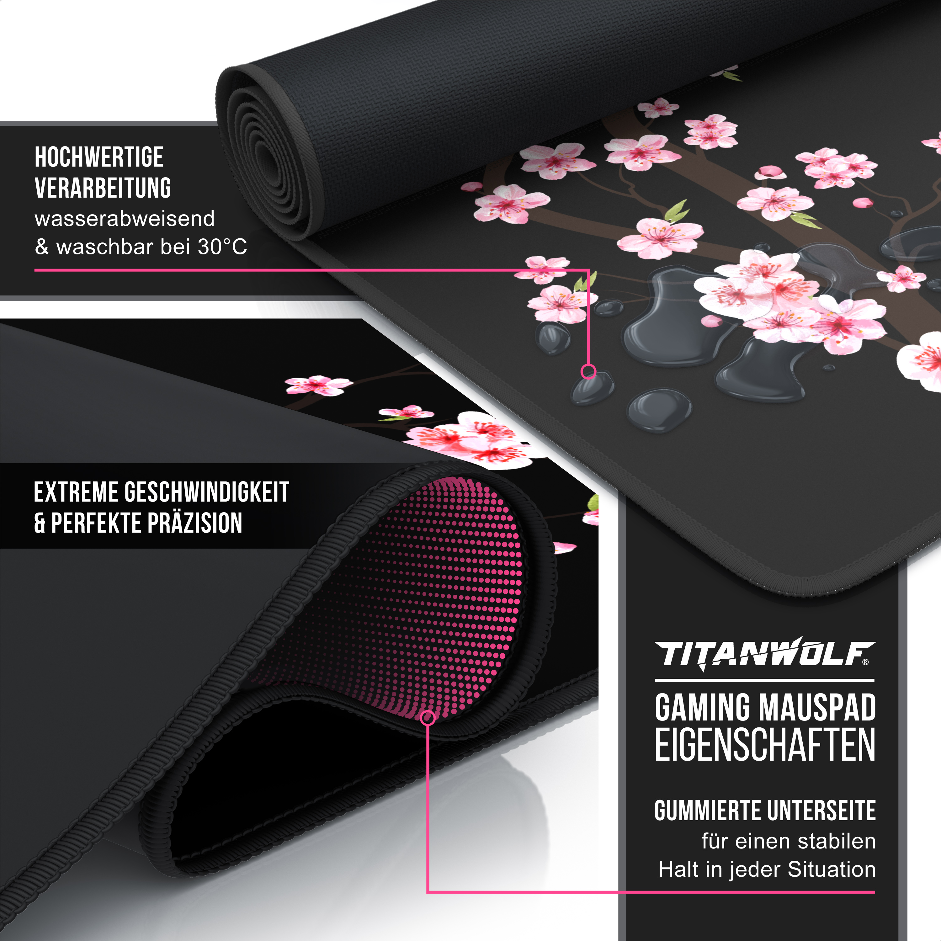 Titanwolf Gaming-Mauspad mit Kirschblüten-Design, wasserabweisender Oberfläche und gummierter Unterseite.