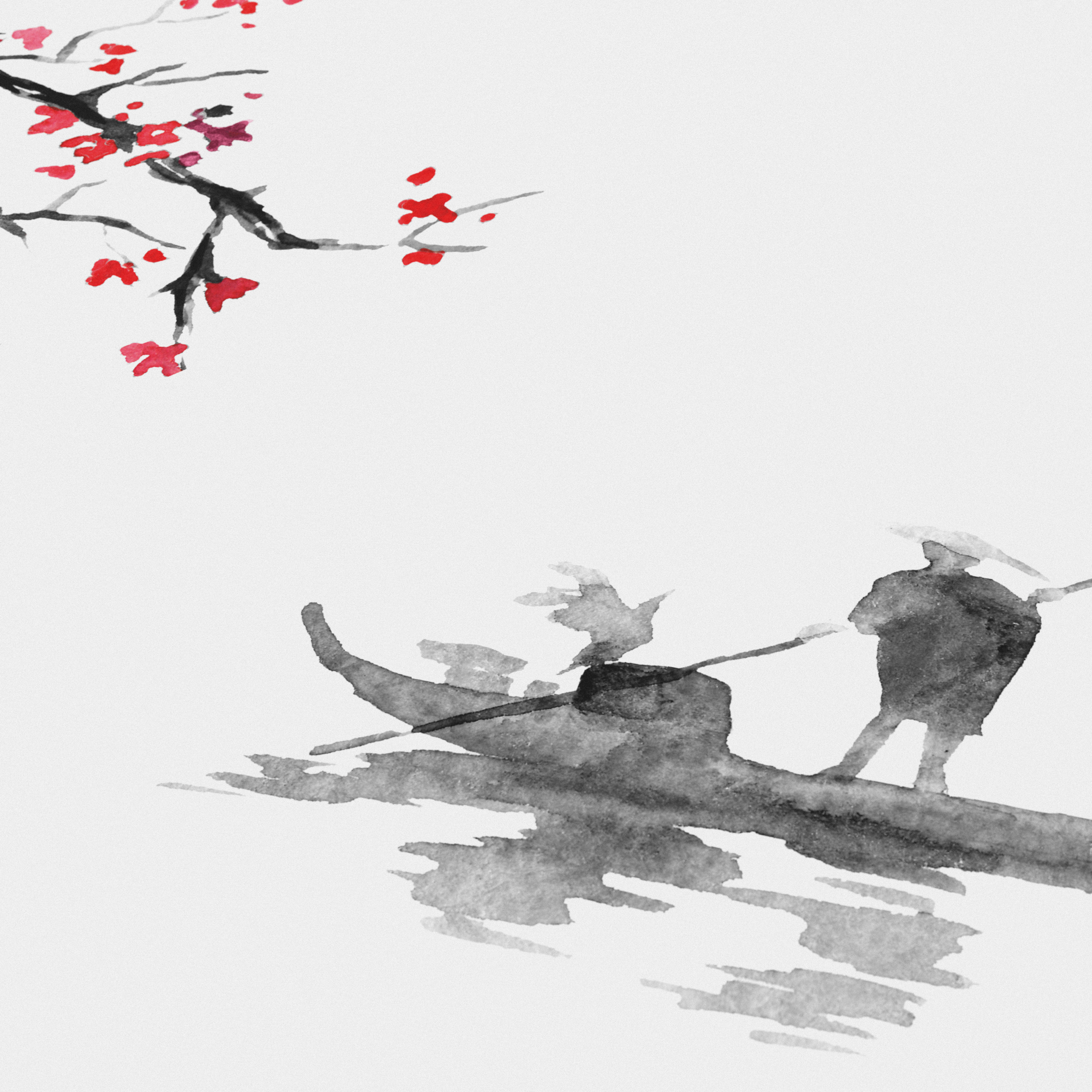 Aquarellmalerei einer Person, die ein Boot unter einem blühenden Zweig mit roten Blüten vor weißem Hintergrund rudert.