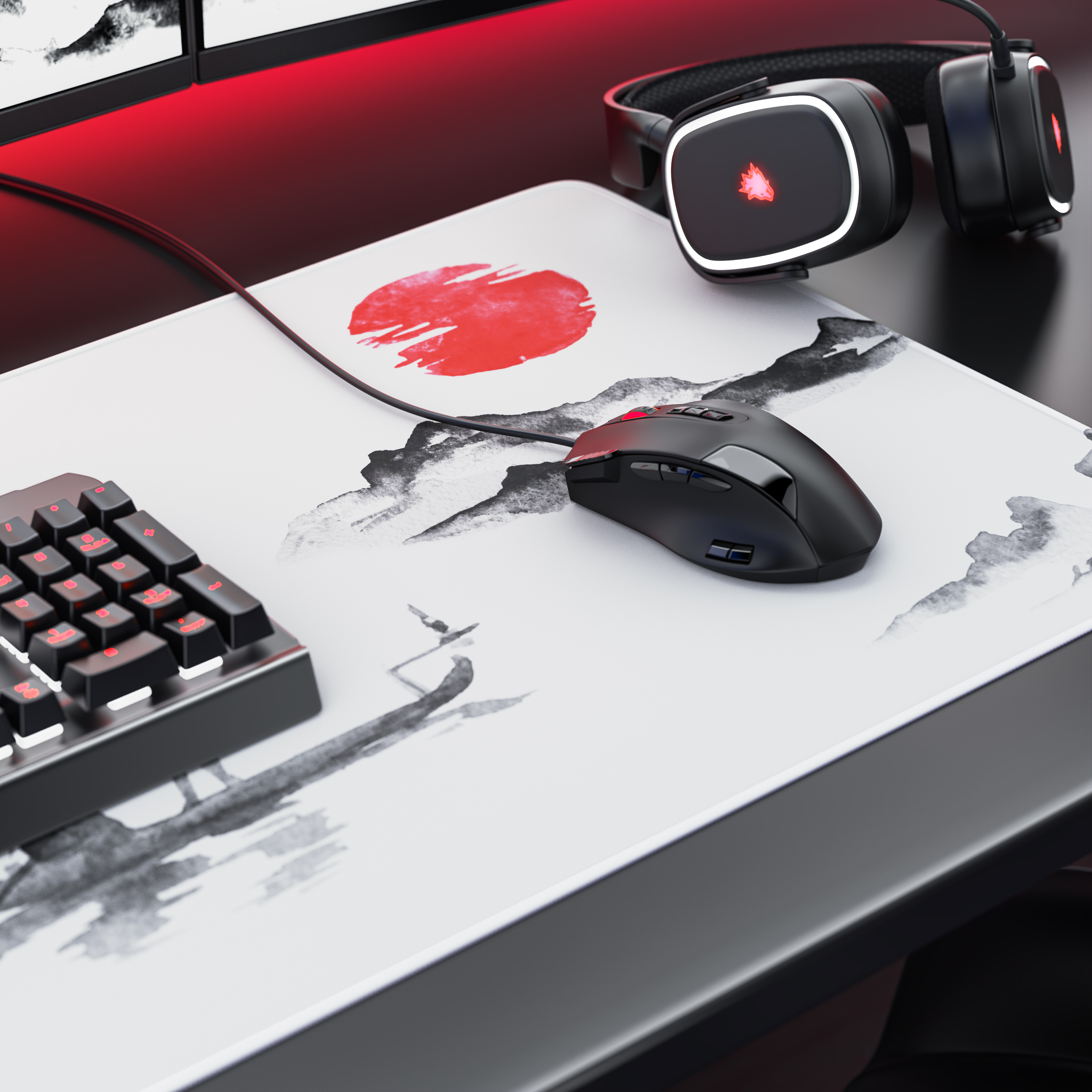 Ein Gaming-Setup mit beleuchteter Tastatur, Maus, Kopfhörern auf einem Mauspad mit japanischem Motiv.