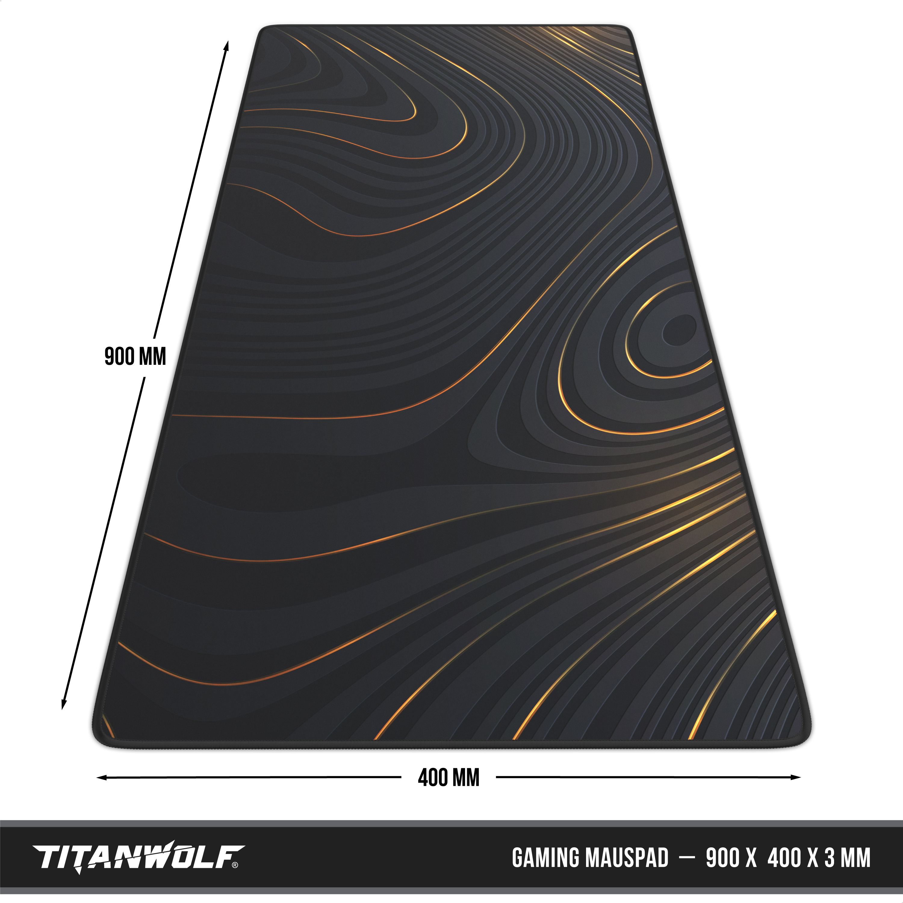 Titanwolf Gaming-Mauspad, 900x400x3 mm, mit dunklem, abstrakten Goldliniendesign auf schwarzem Grund.