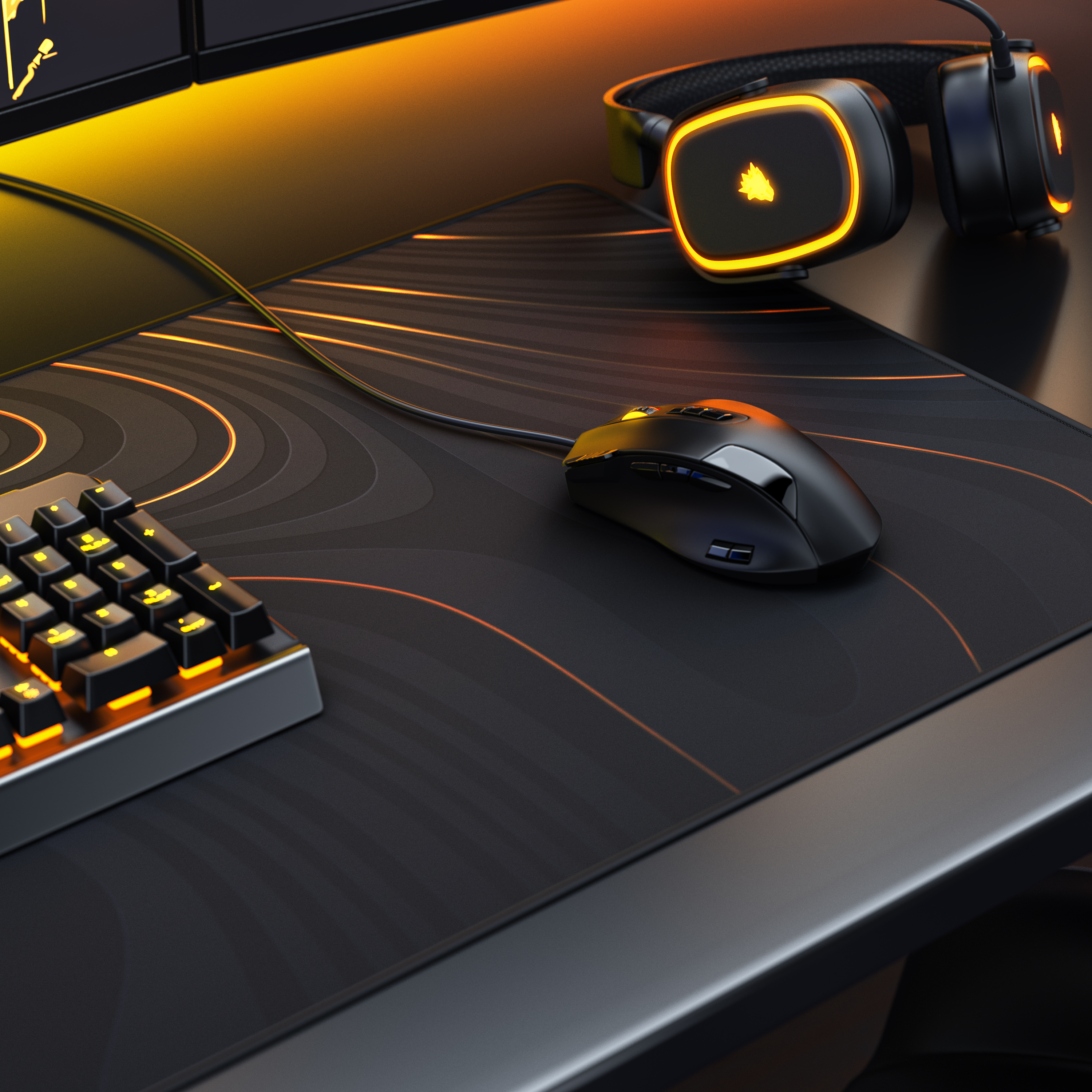 Gaming-Schreibtisch mit Maus, Tastatur, Mauspad und leuchtenden Kopfhörern in Orange.
